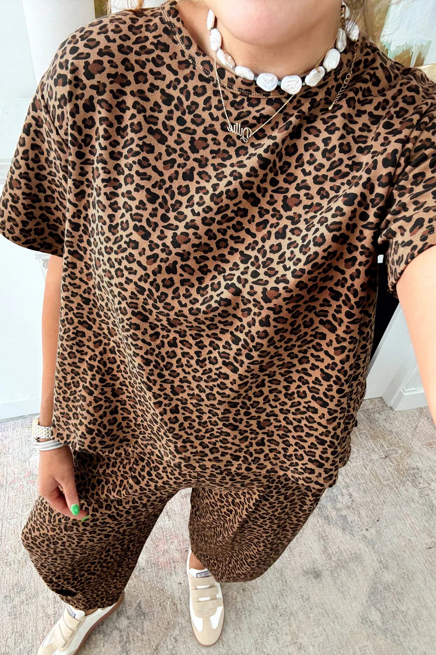 Brown Leopard Loose Tee Drawstring Waist Barrel Pants Set