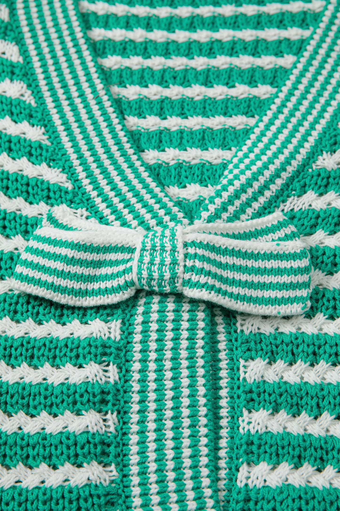 Green Stripe Short Sleeve Knit V Neck Bow Knot Sweater