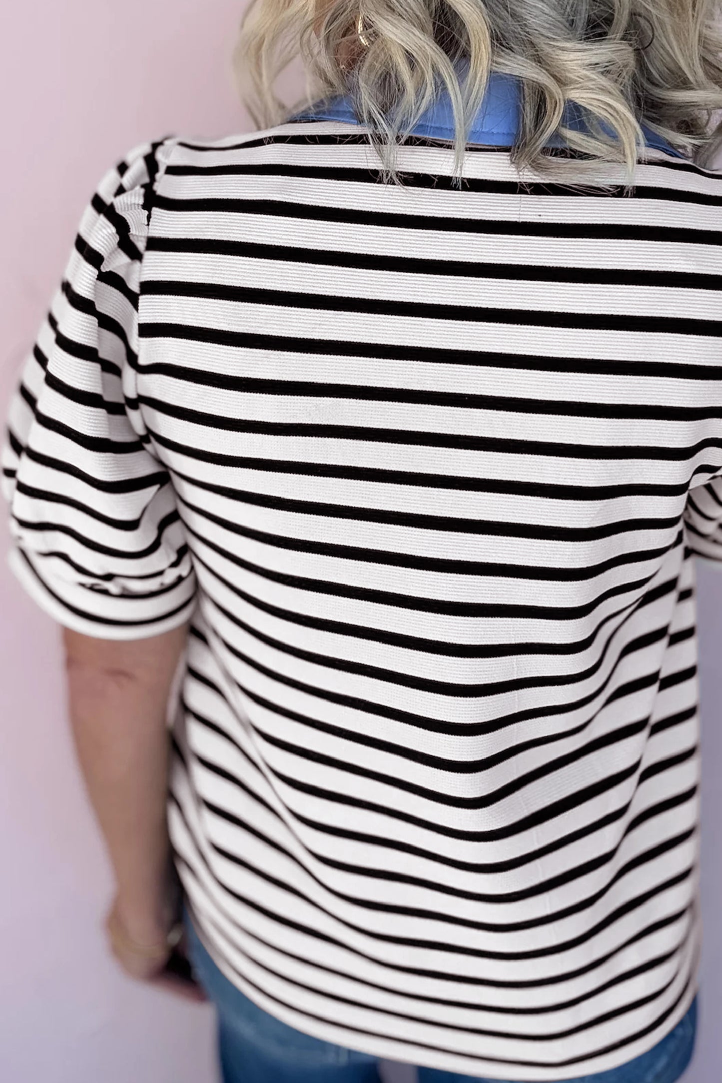 Blue Stripe Short Puff Sleeve Color Block Polo Collar Blouse