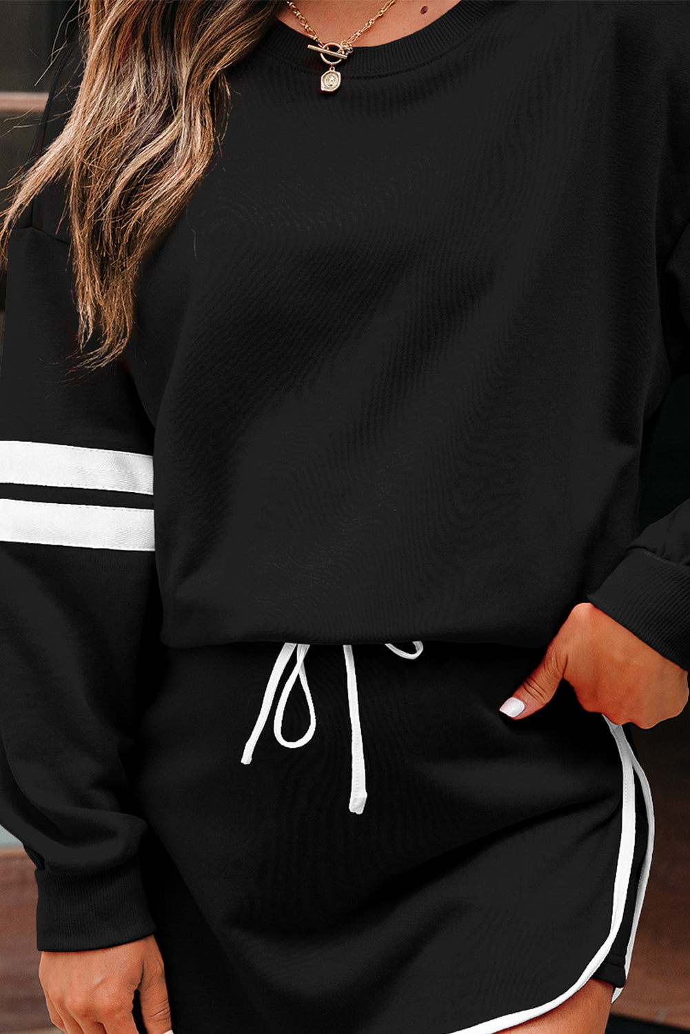 Black Varsity Stripe Detail Drop Shoulder Pullover Mini Skort Set