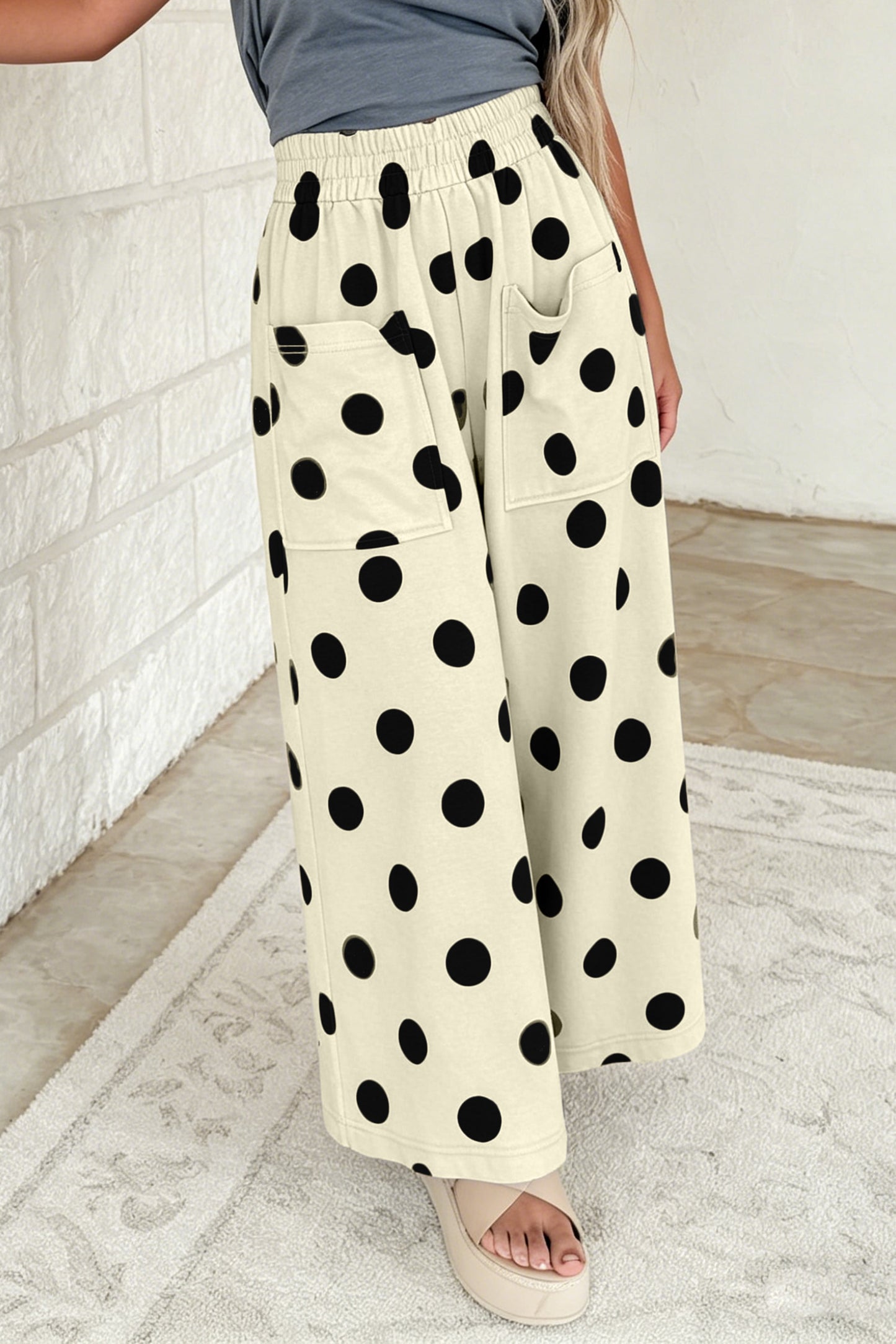 Khaki Polka Dot Wide Leg Elastic Waist Casual Pants