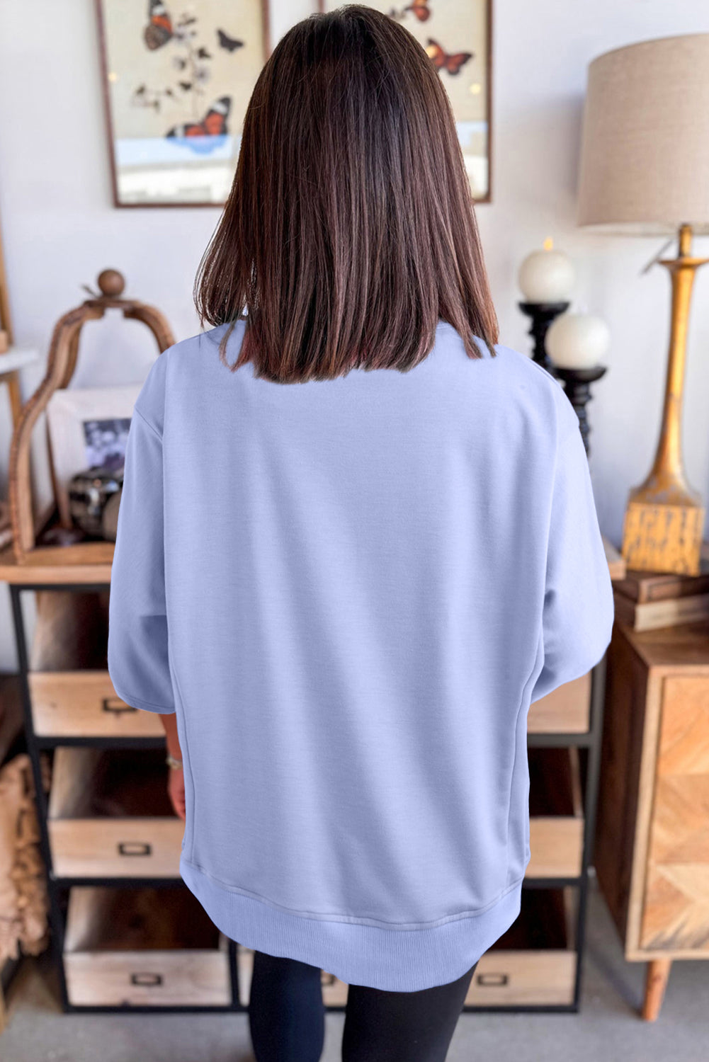 Beau Blue Solid Color Floral Patched Half Sleeve Tunic Top