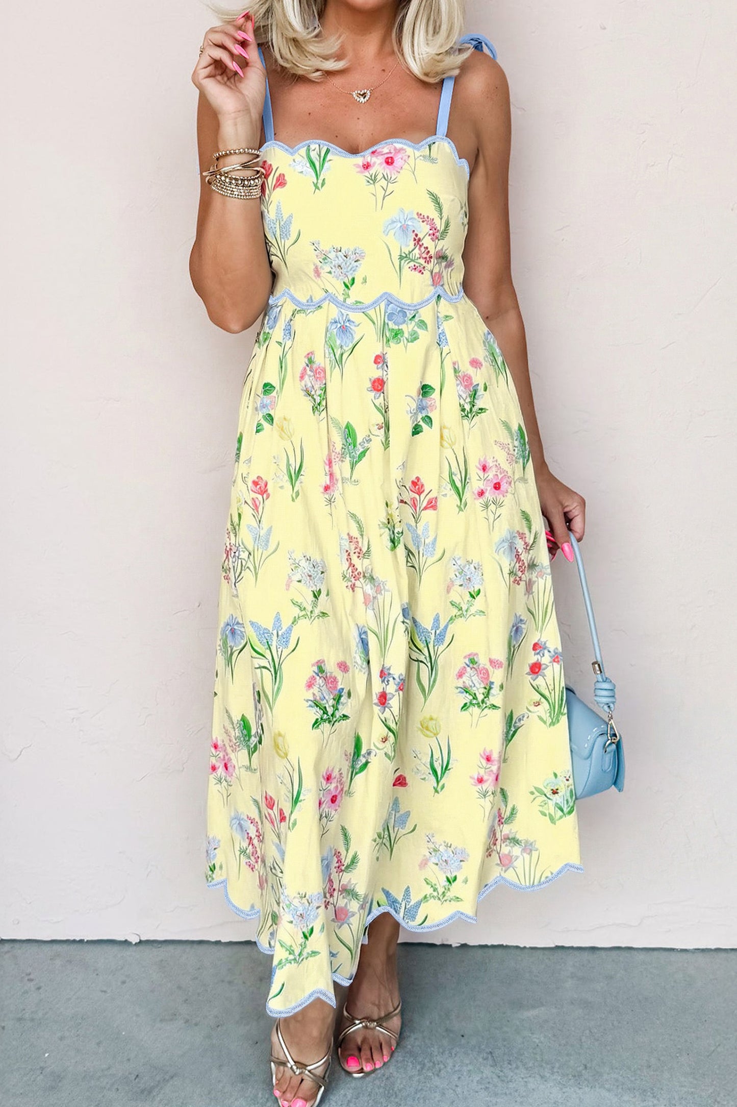 Beige Floral Print Contrast Trim Self-tie Straps High Waist Midi Dress