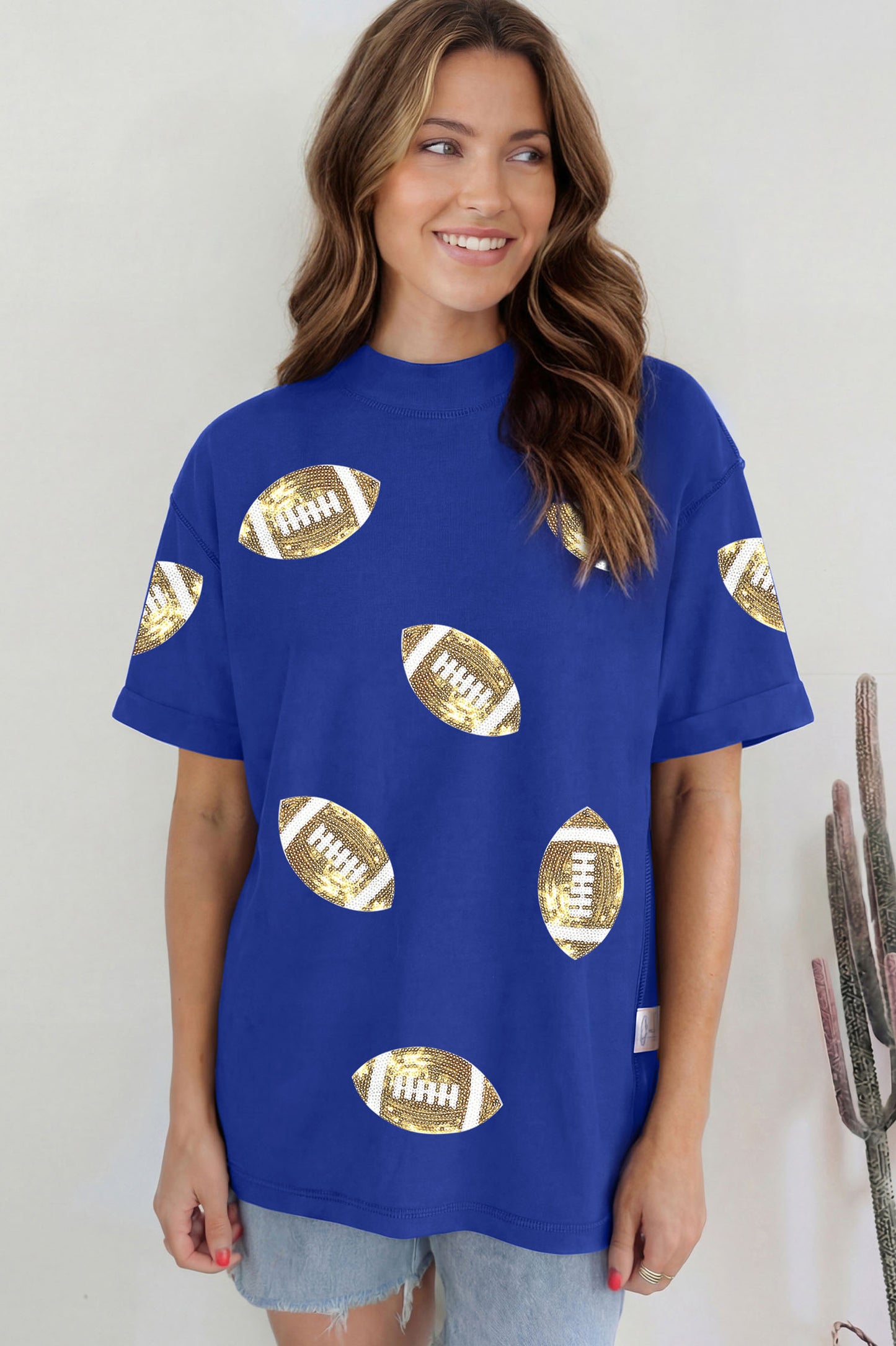 Dark Blue Sequin Rugby Pattern High Neck Game Day Shift T-Shirt