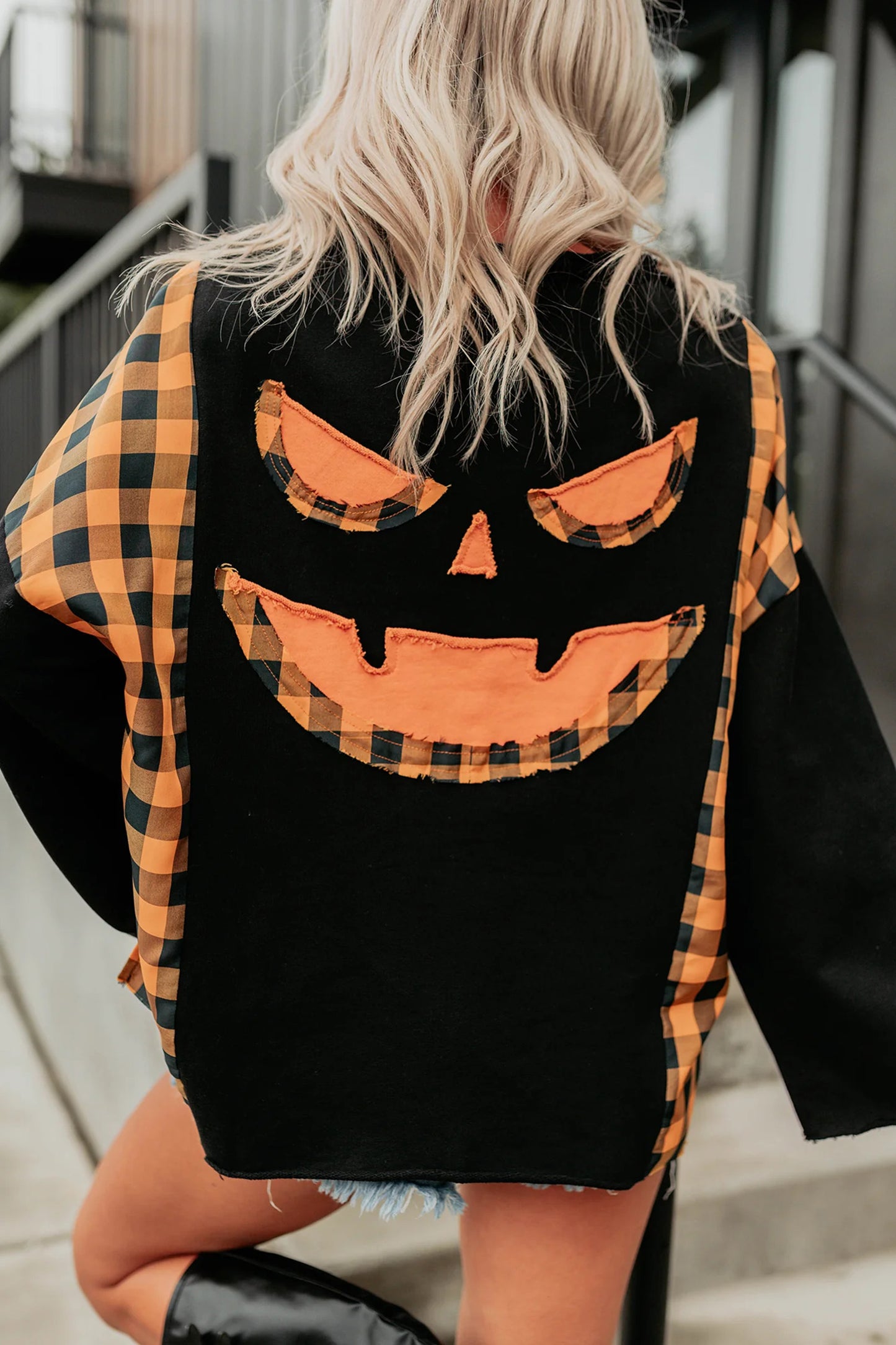 Black Patchwork Plaid Pumpkin Face Long Sleeve Top