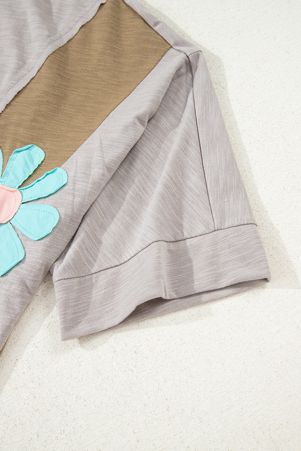Light Blue Flower Patched Exposed Seam 3/4 Sleeve top