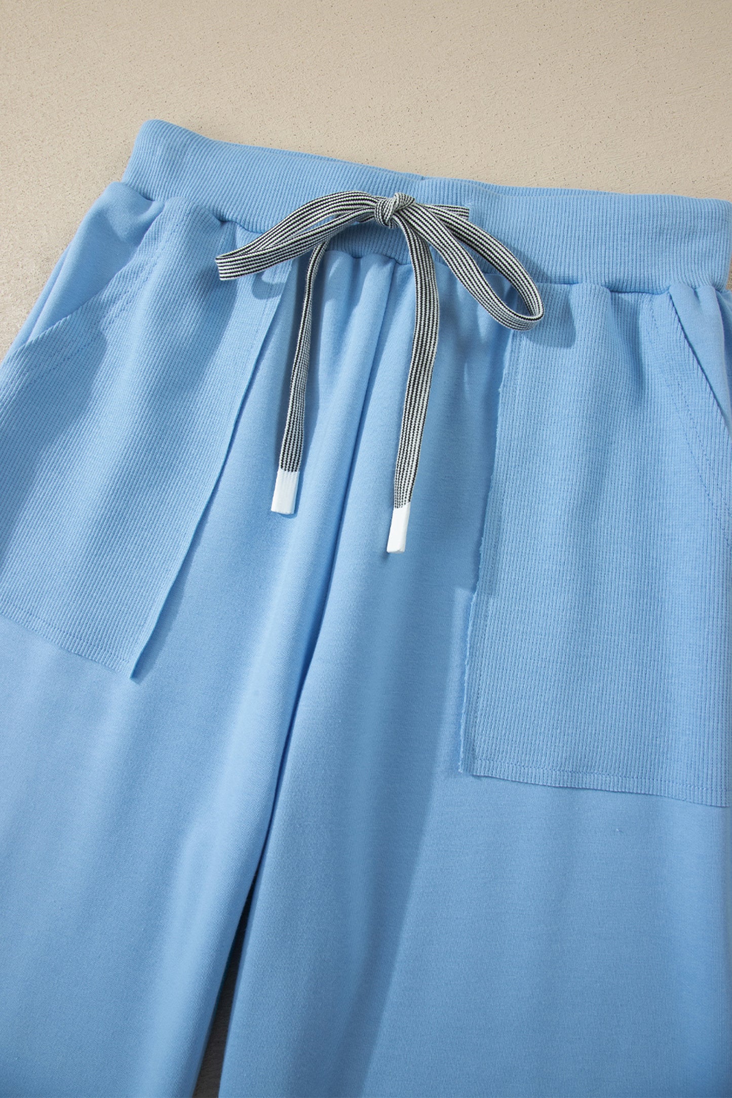 Beau Blue Solid Color V Neck Tee Drawstring Pant Set