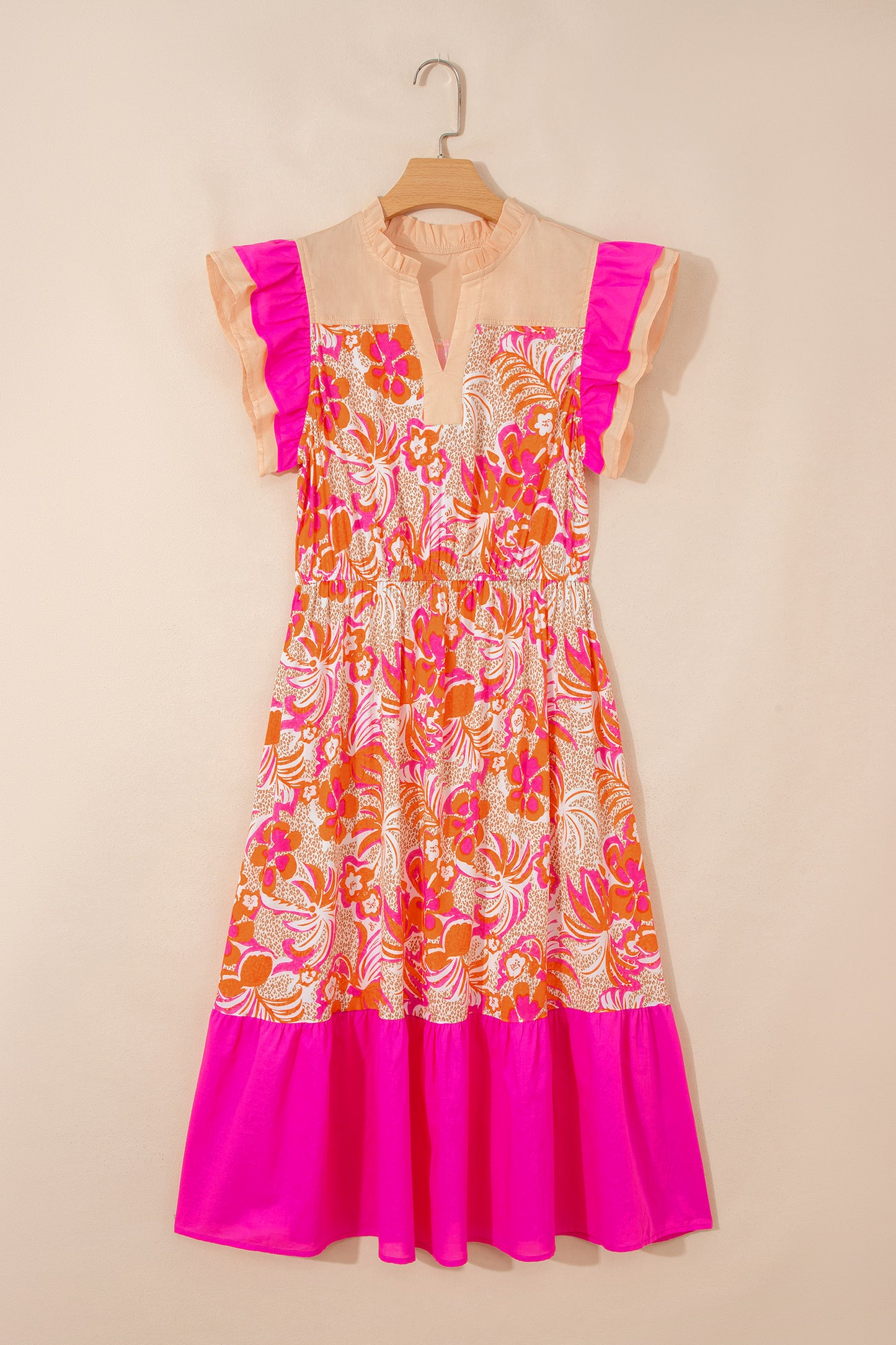 Rose Floral Print Color Block Ruffled Short Sleeve Flared Midi Dress