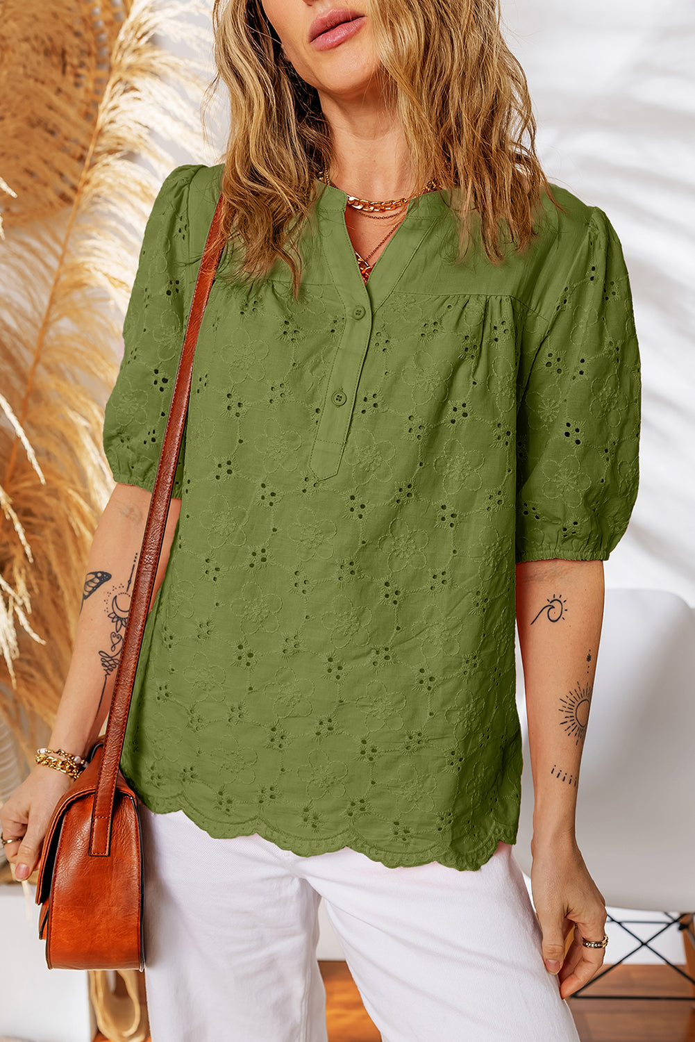 White Lace Crochet V Neck Half Sleeve Embroidery Button Down Blouses Casual Shirts