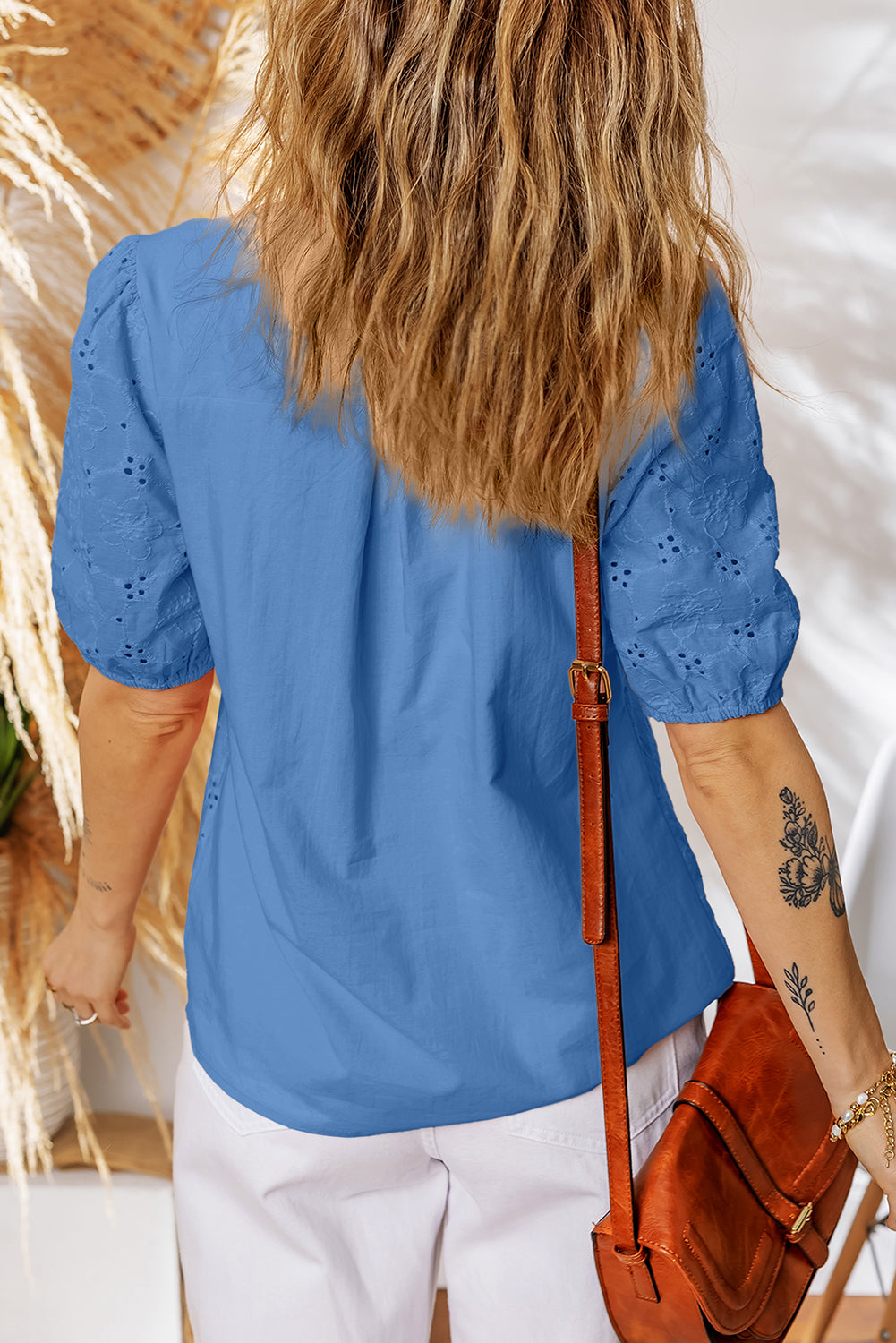 White Lace Crochet V Neck Half Sleeve Embroidery Button Down Blouses Casual Shirts