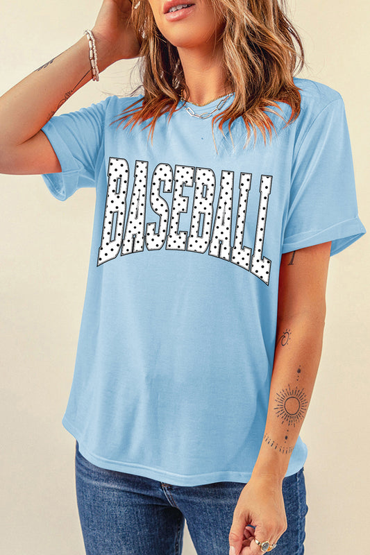 Light Blue BASEBALL Polka Dot Lettering Print T Shirt