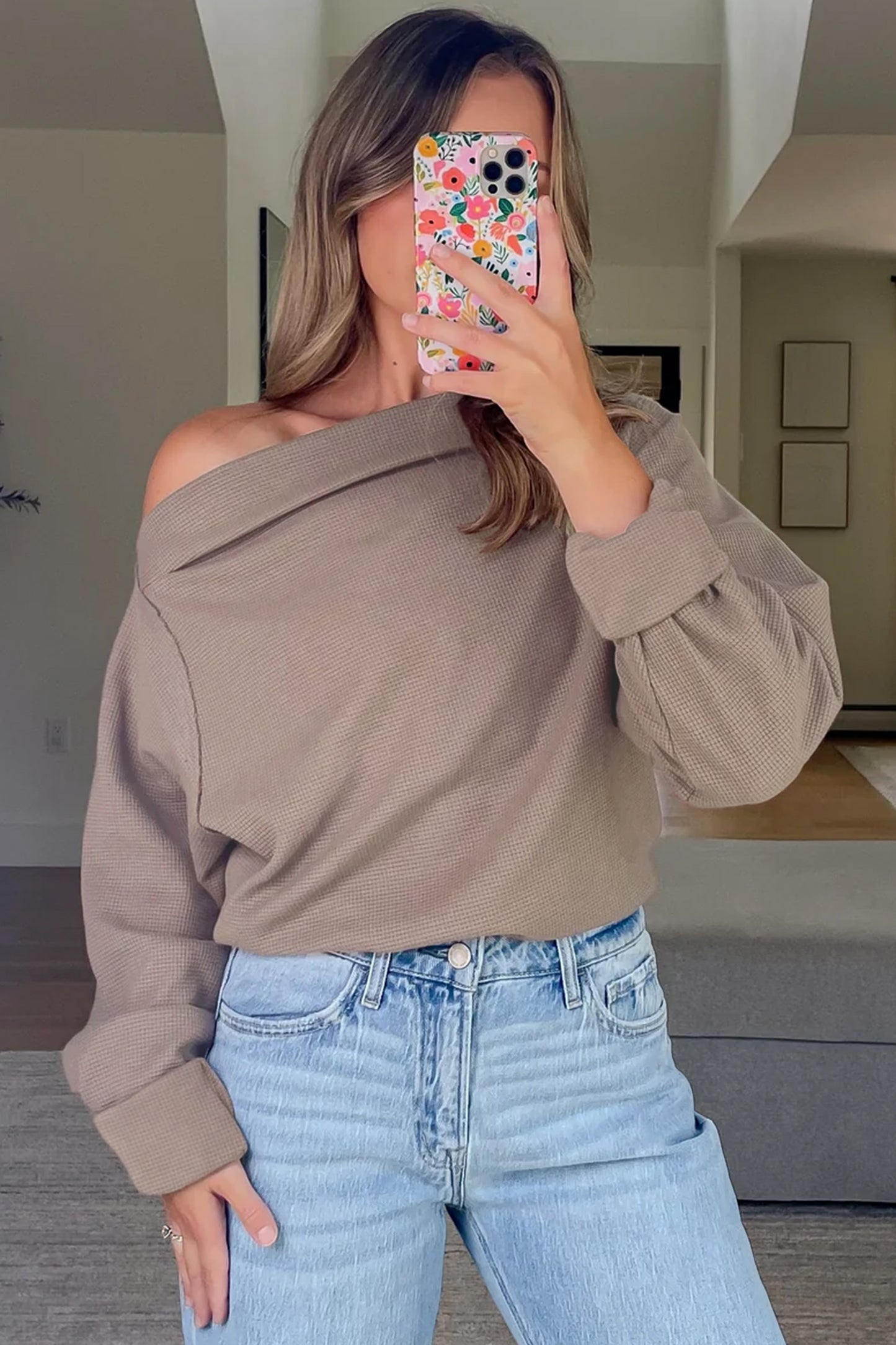 Old Rose Solid Color Waffle Knit Asymmetric Neck Long Sleeve Top