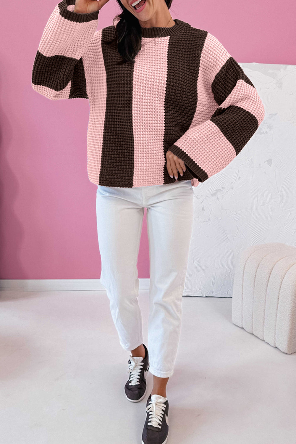 Fushia Striped Color Block Thermal Textured Knit Drop Shoulder Sweater