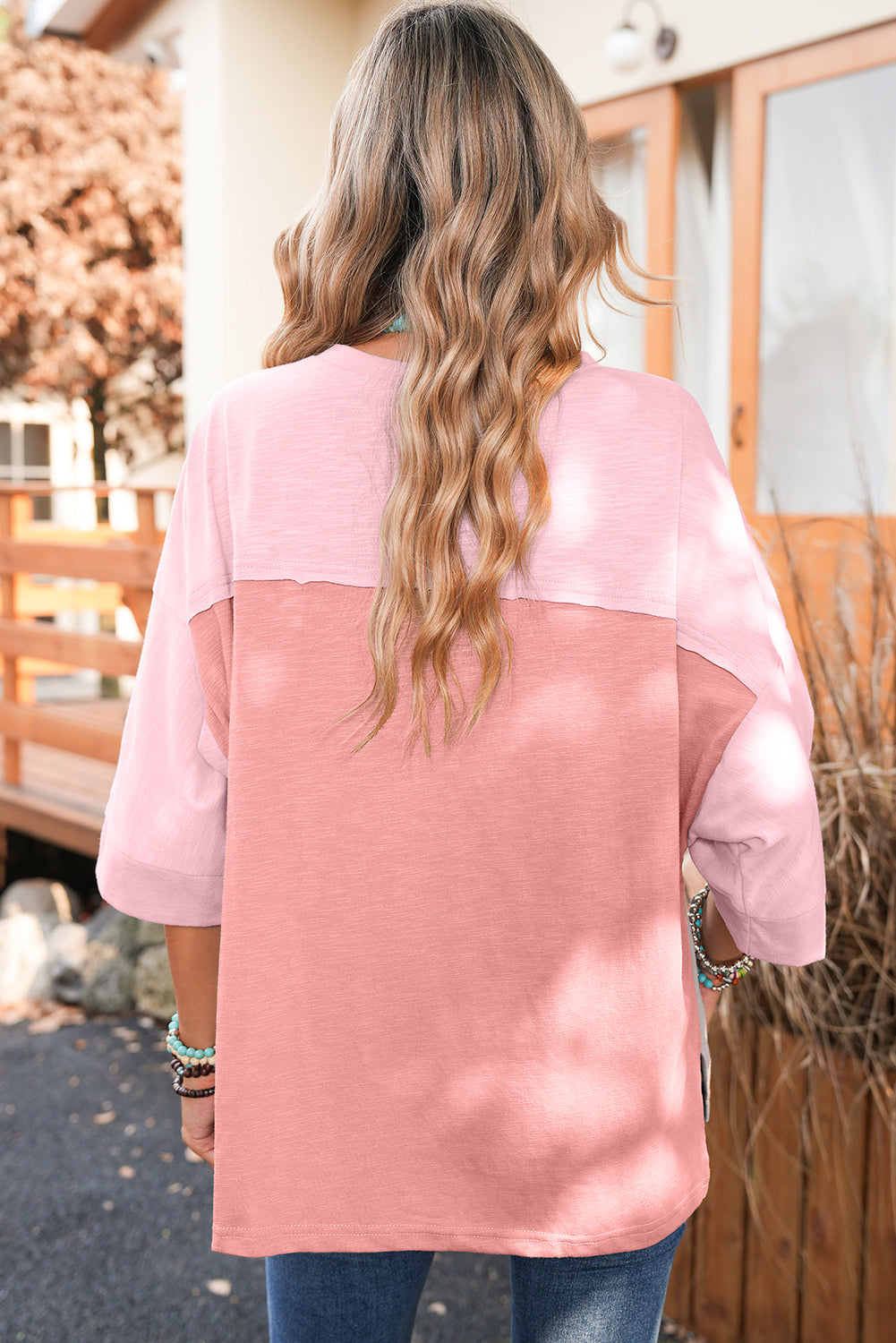 Light Blue Flower Patched Exposed Seam 3/4 Sleeve top