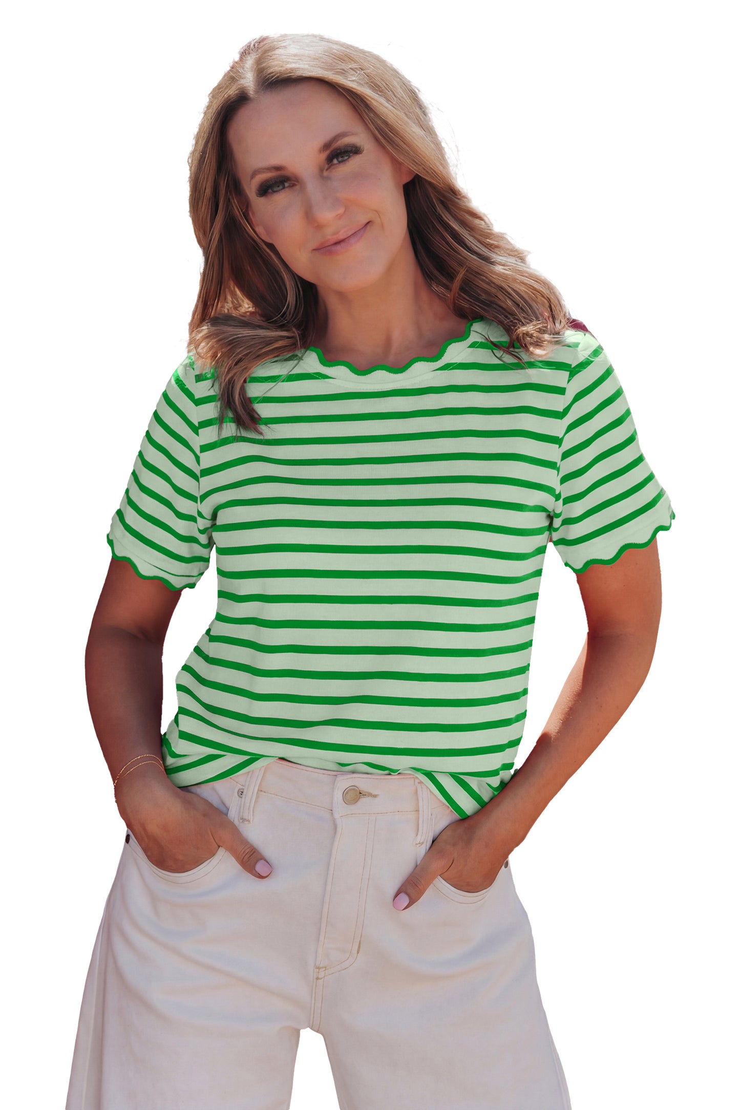 Black Stripe Scalloped Trim Round Neck T Shirt