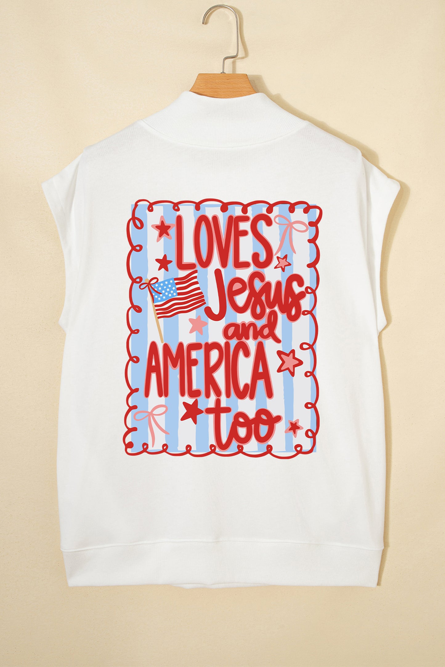 White Patriotic Flag Double Printed Mock Neck Tee