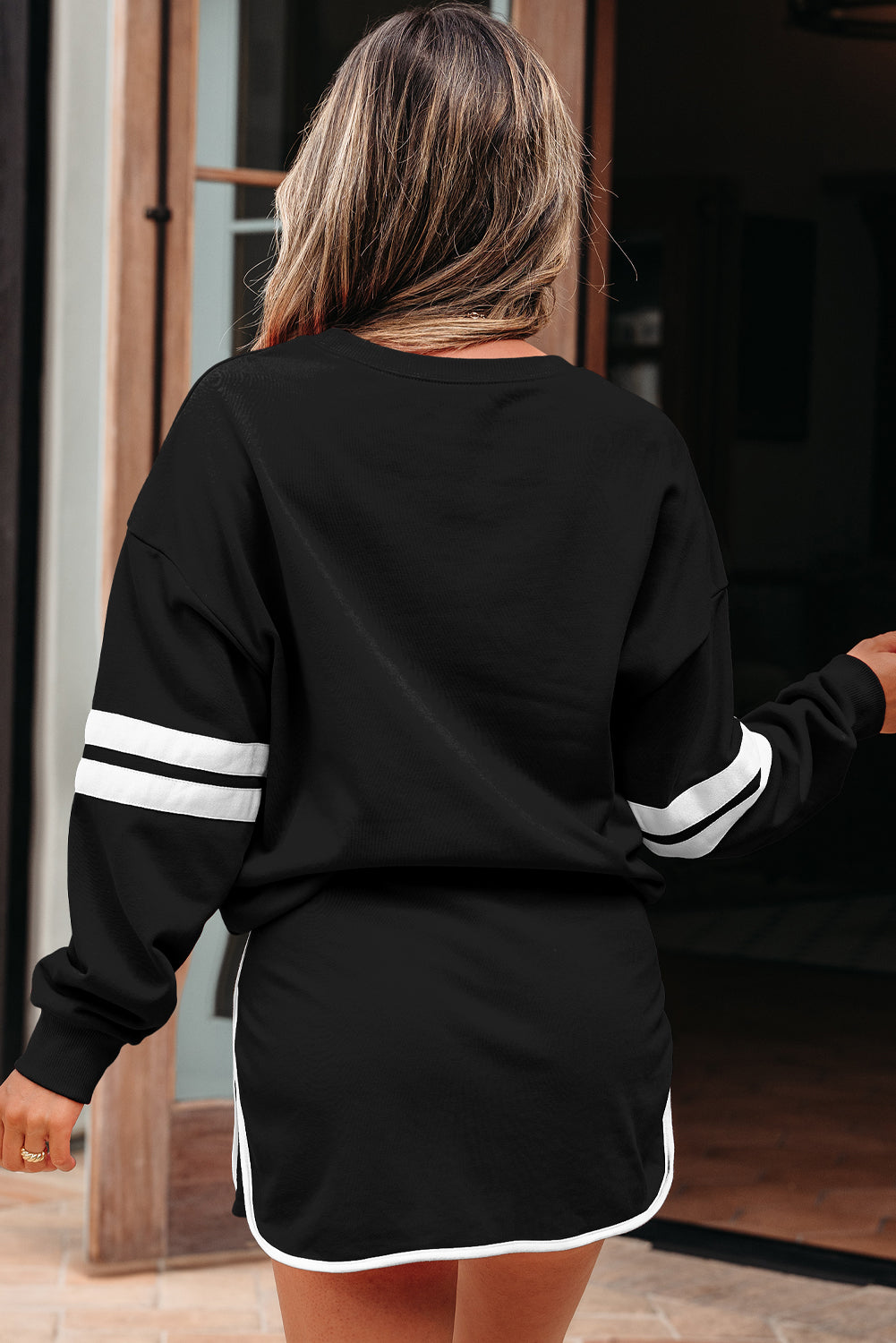 Black Varsity Stripe Detail Drop Shoulder Pullover Mini Skort Set