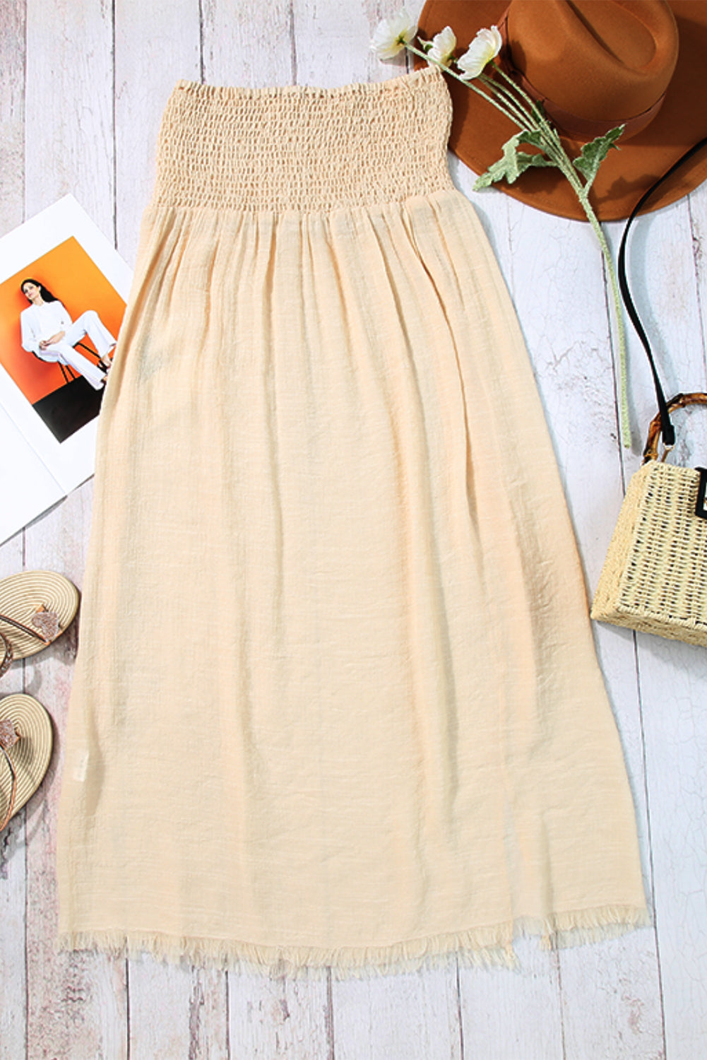 Pale Khaki Shirred High Waist Split Long Beach Skirt