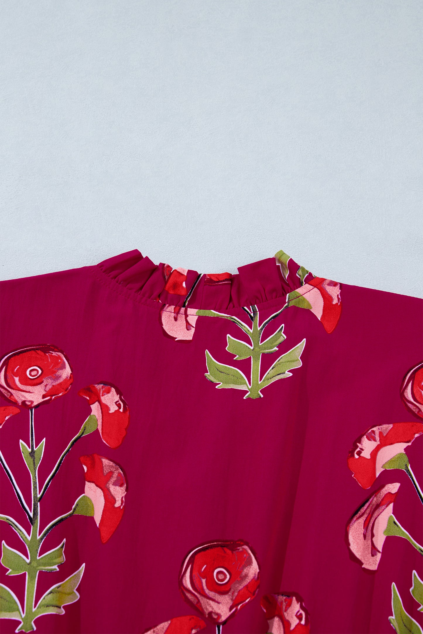 Red Floral Print Frilled V Neck Short Sleeve Ruffle Maxi Dress
