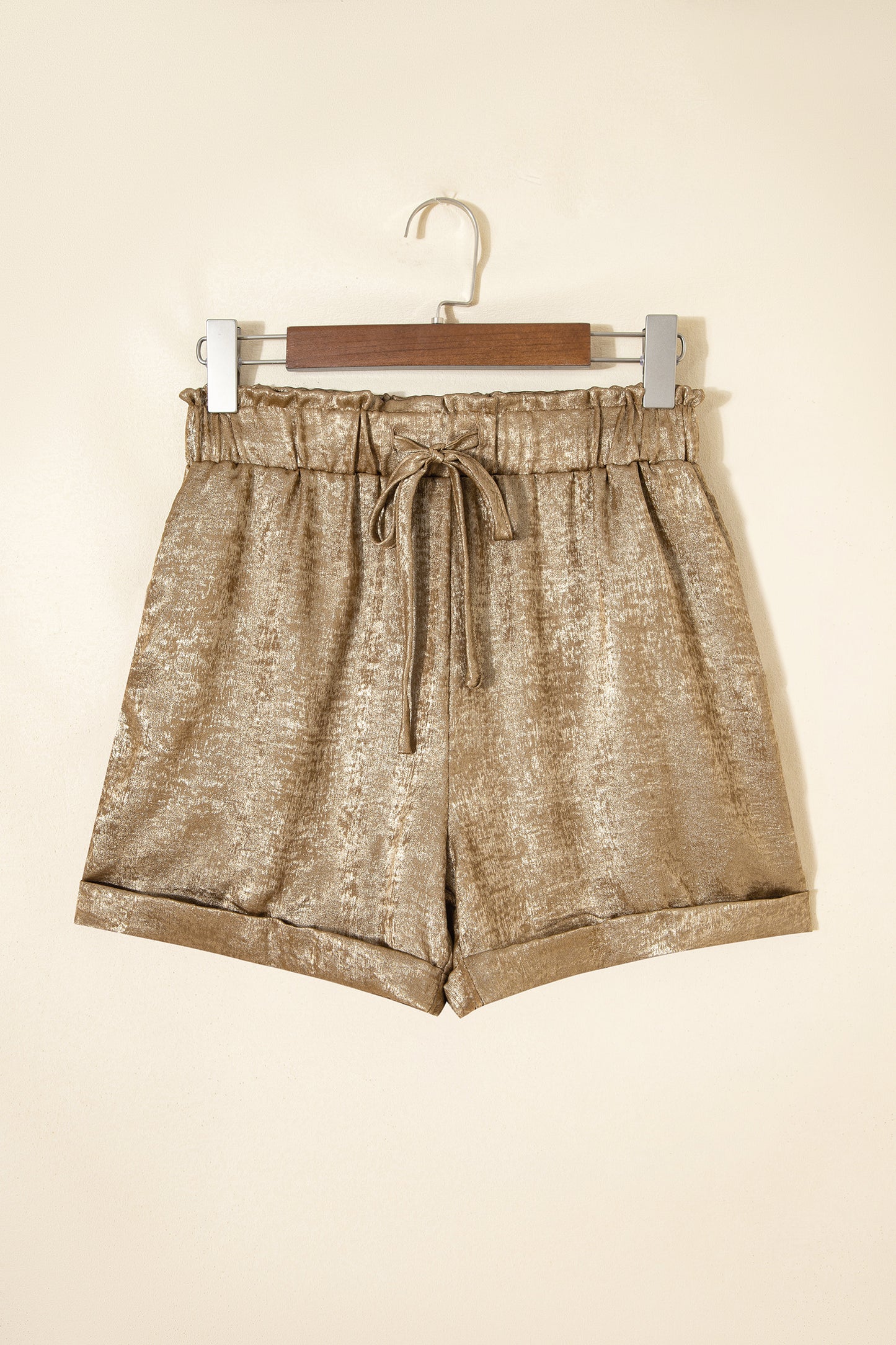 Gold Metallic Luster Tie Elastic Waist Cuffed Hem Shorts