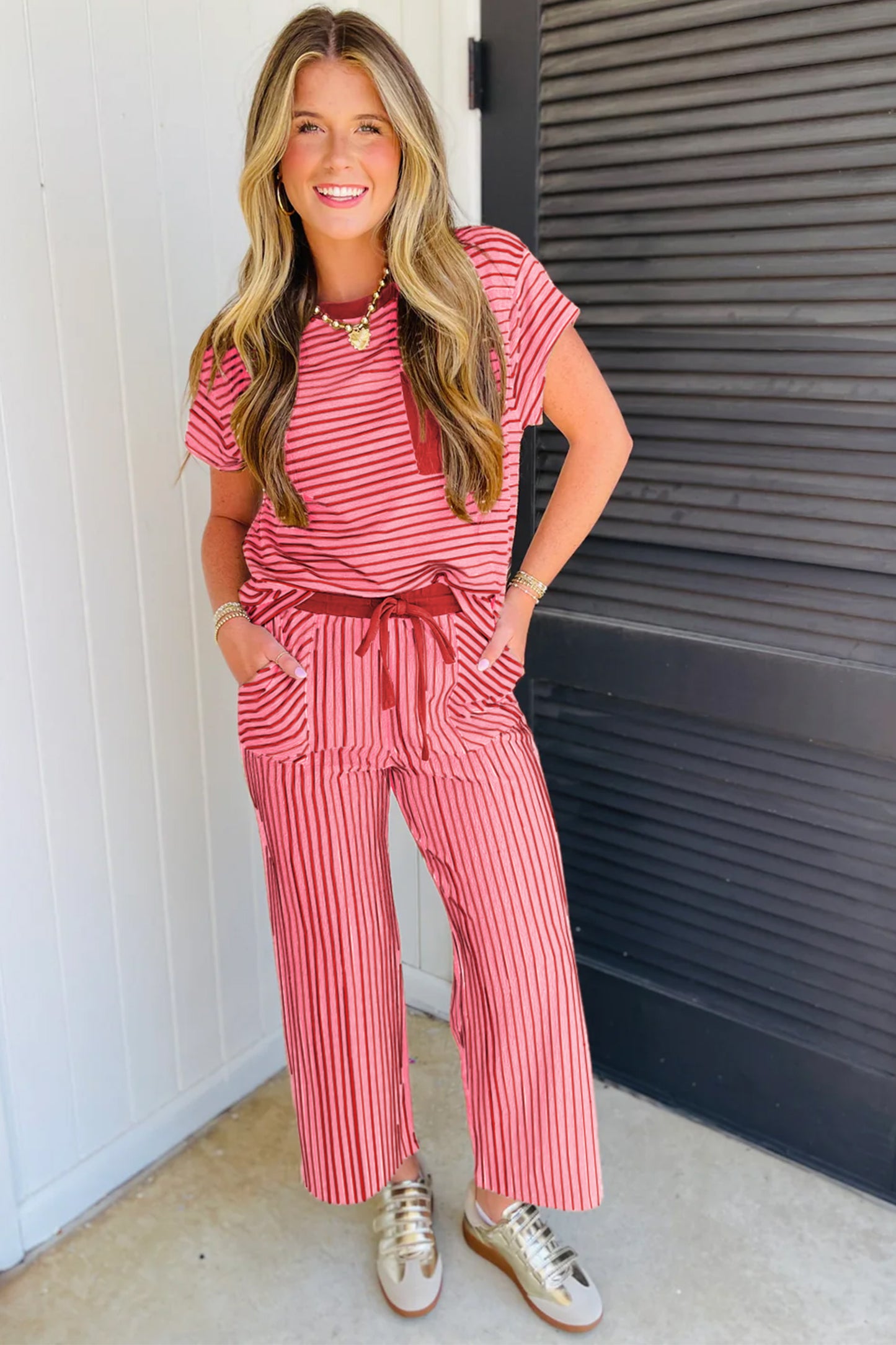 Sky Blue Stripe Crew Neck Tee Drawstring Waist Cropped Pants Set