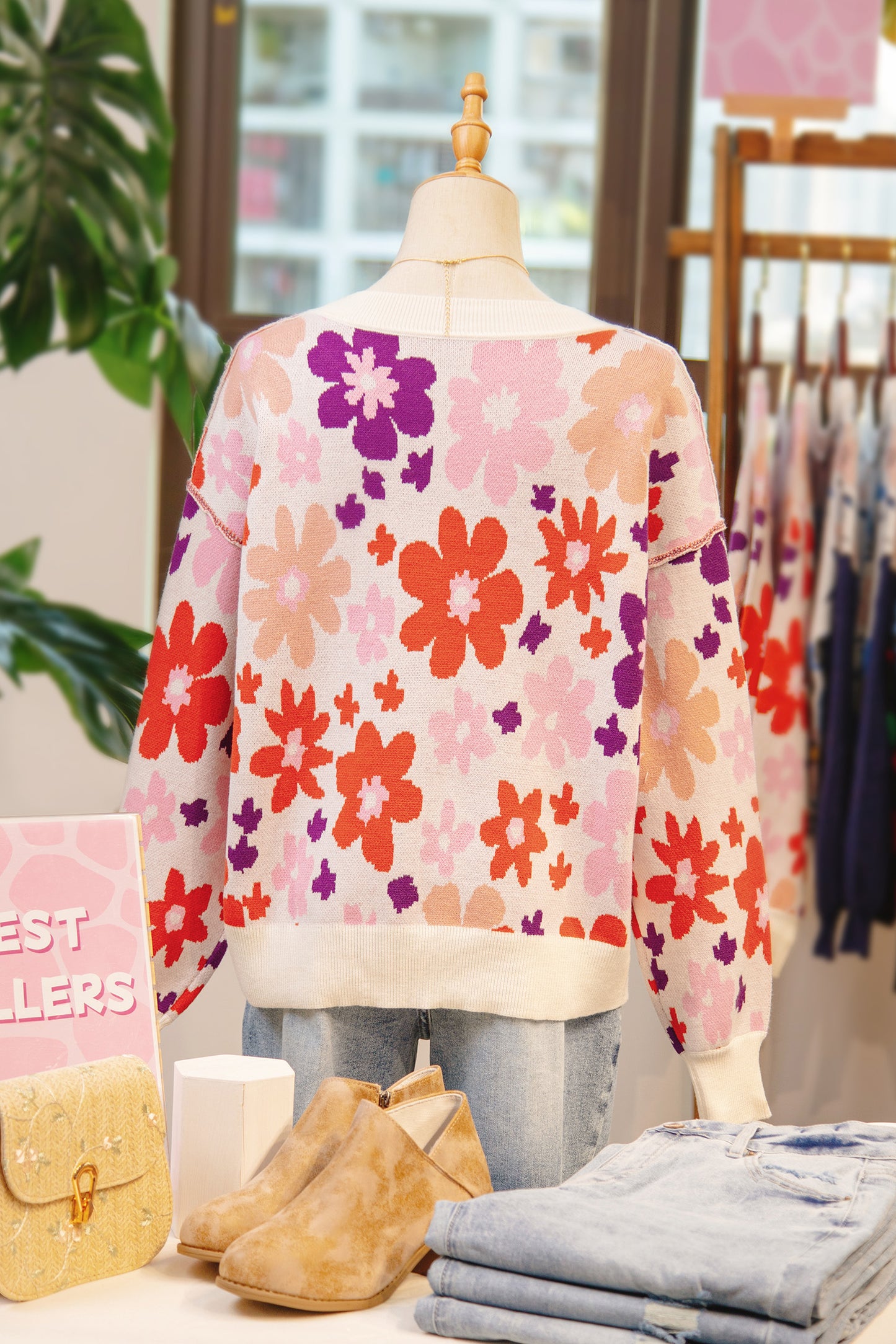 Khaki Fall Floral Pattern Drop Shoulder Sweater