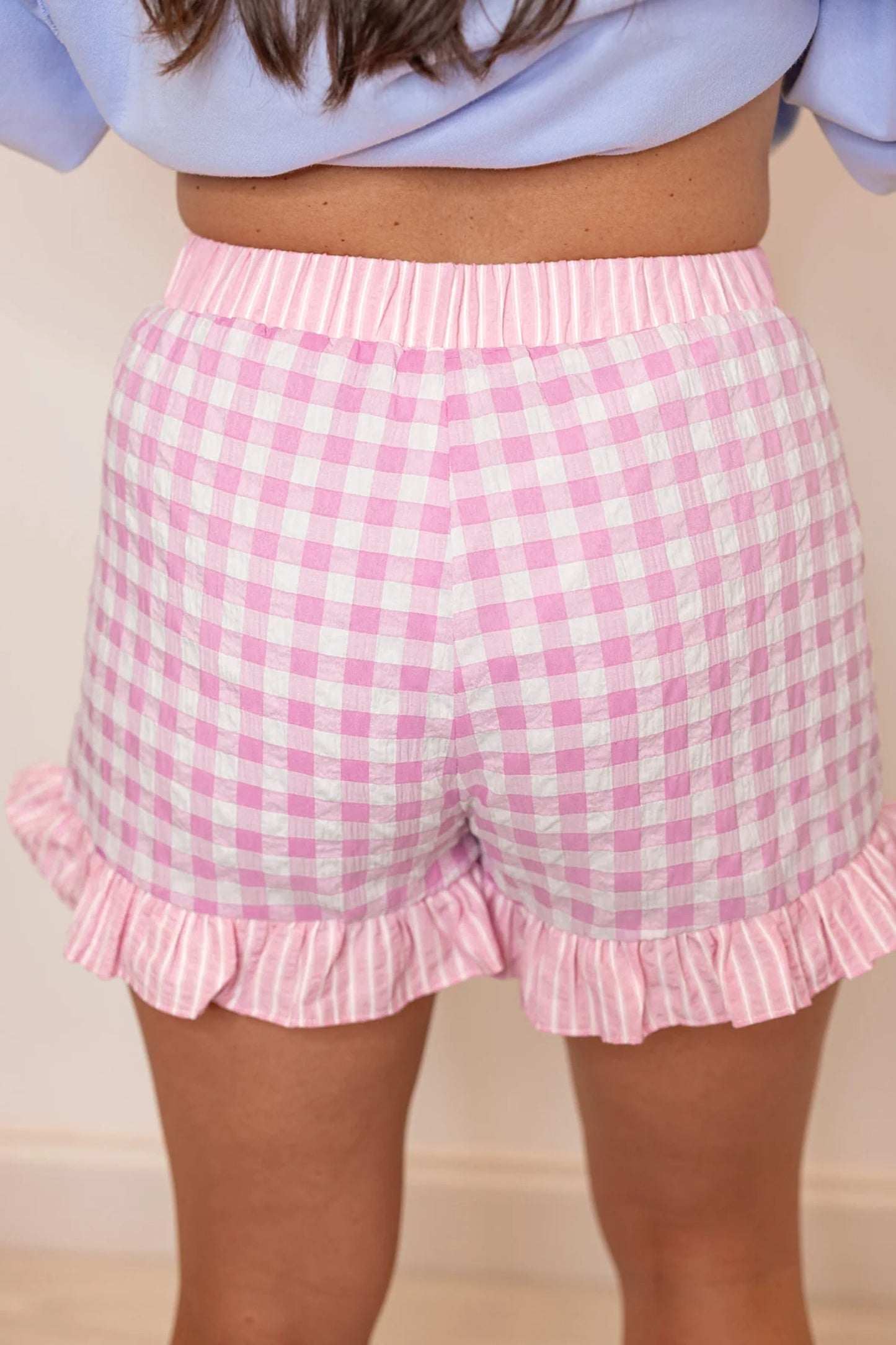 Red Gingham Print Ruffle Striped Detail Lace Tie Shorts
