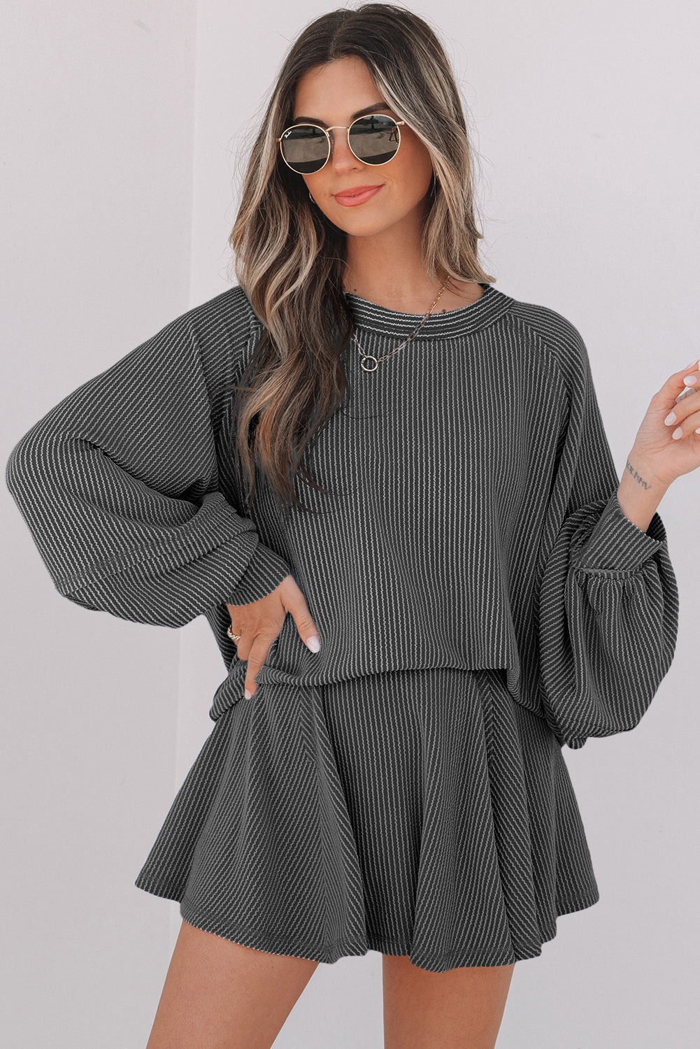 Dark Grey Corded Lantern Sleeve Top High Waist Ruffled Mini Skort Set