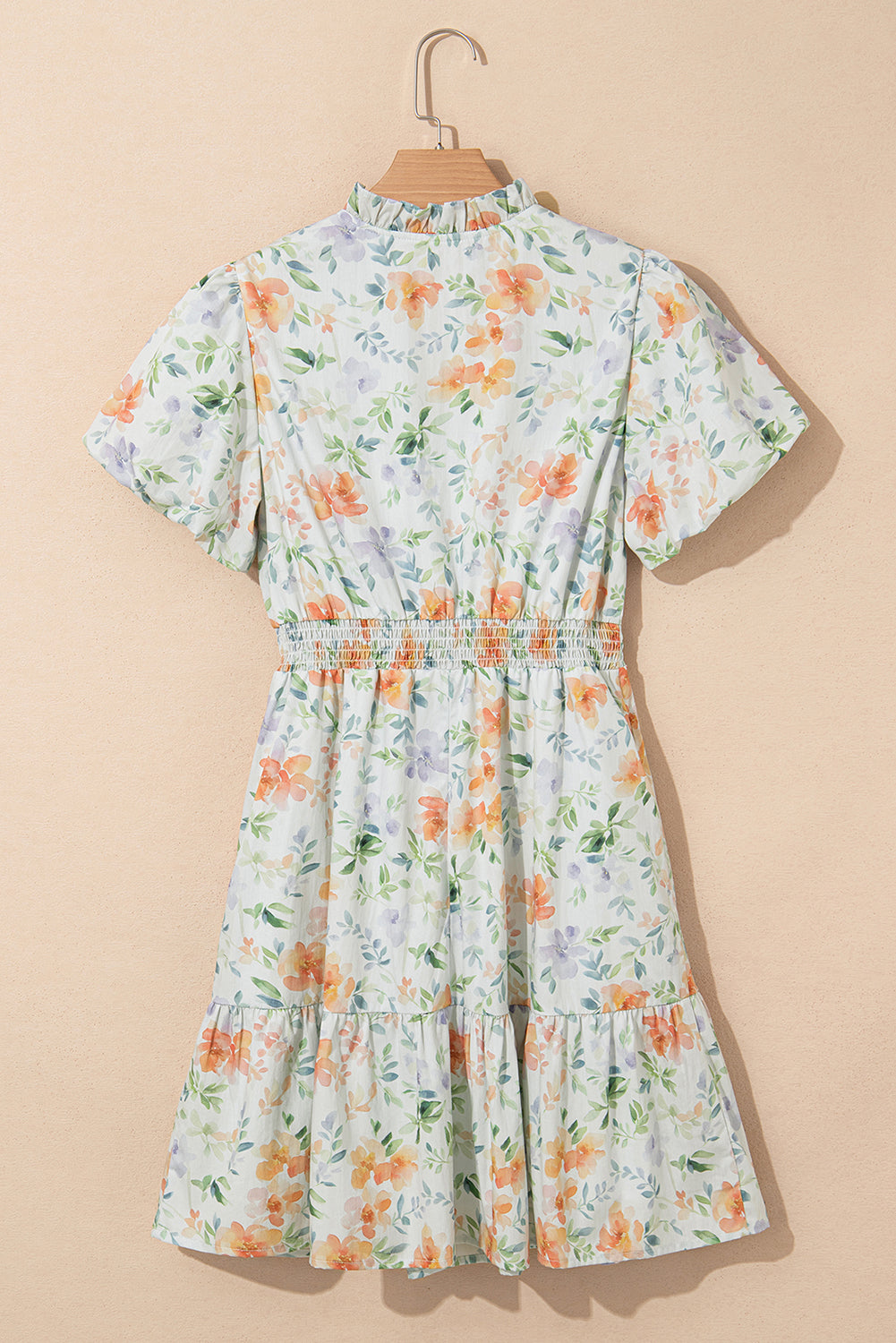 Beige Floral Print Smocked High Waist Puff Sleeve Mini Dress