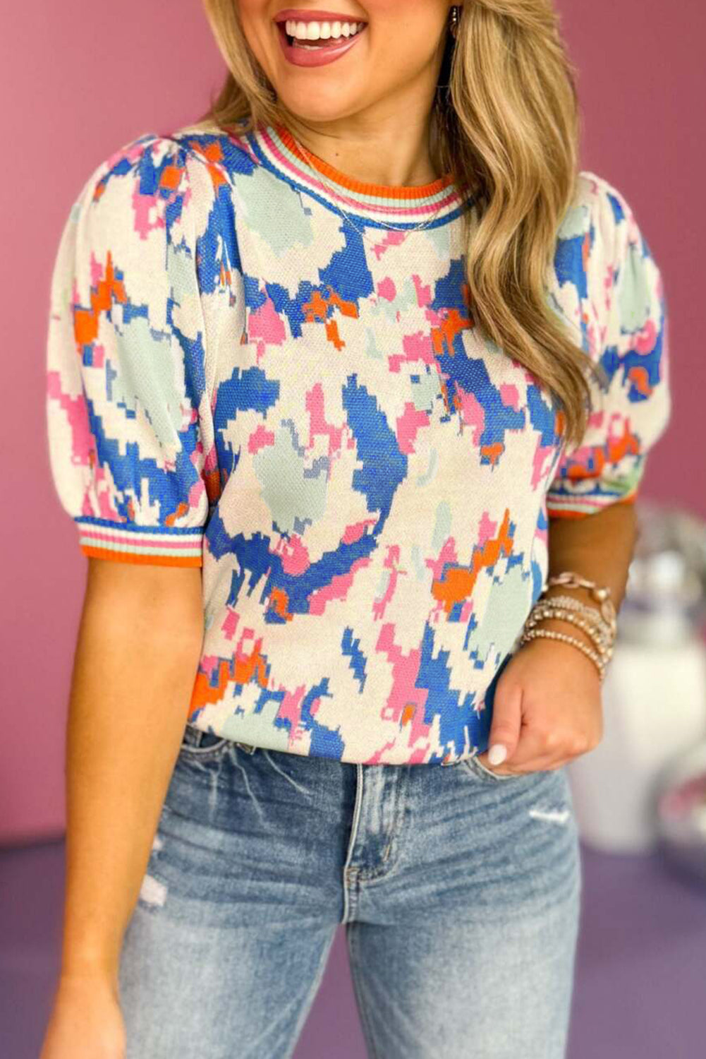 Apricot Abstract Pattern Contrast Striped Trim Short Sleeve Sweater