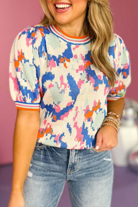 Apricot Abstract Pattern Contrast Striped Trim Short Sleeve Sweater