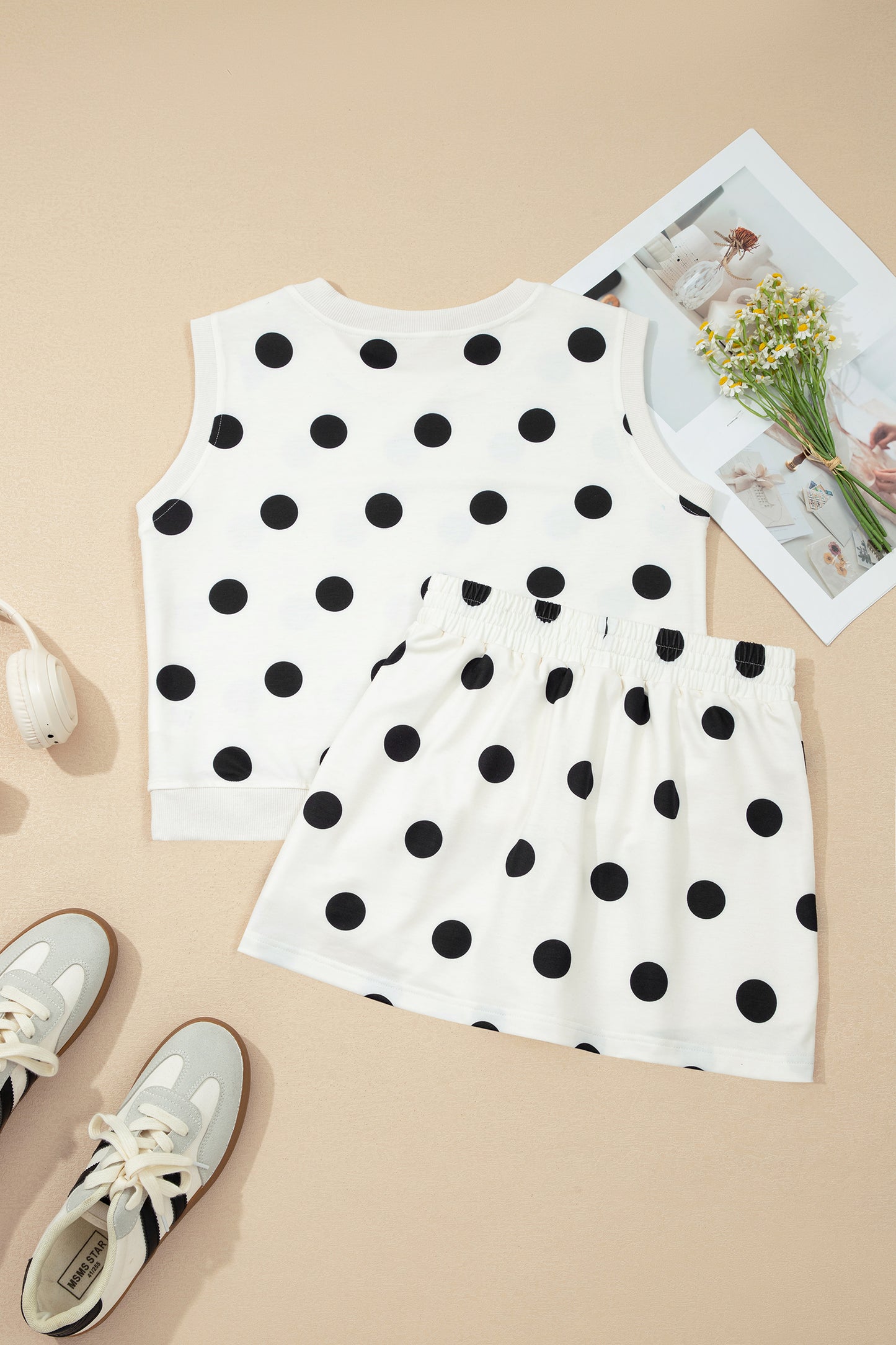 White Ribbed Trim Polka Dot Print Tank Split Mini Skort 2pcs Set