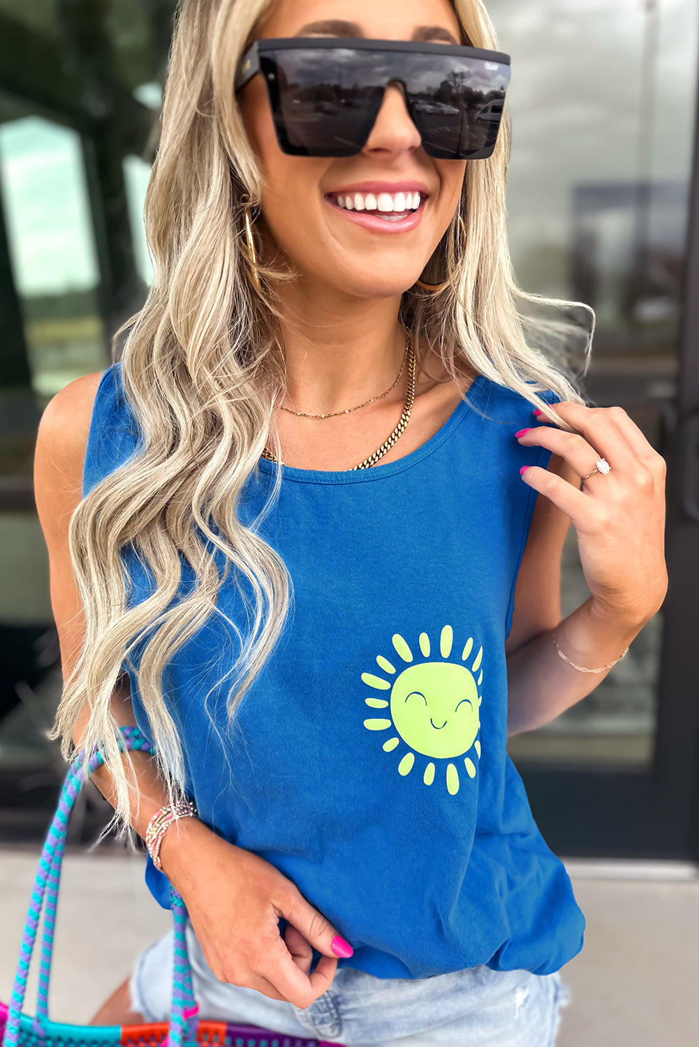 Blue Sun Graphic Summer Tank Top