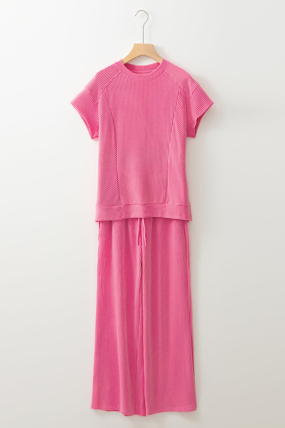 Bright Green Solid Corded T Shirt and Wide Leg Pants Set