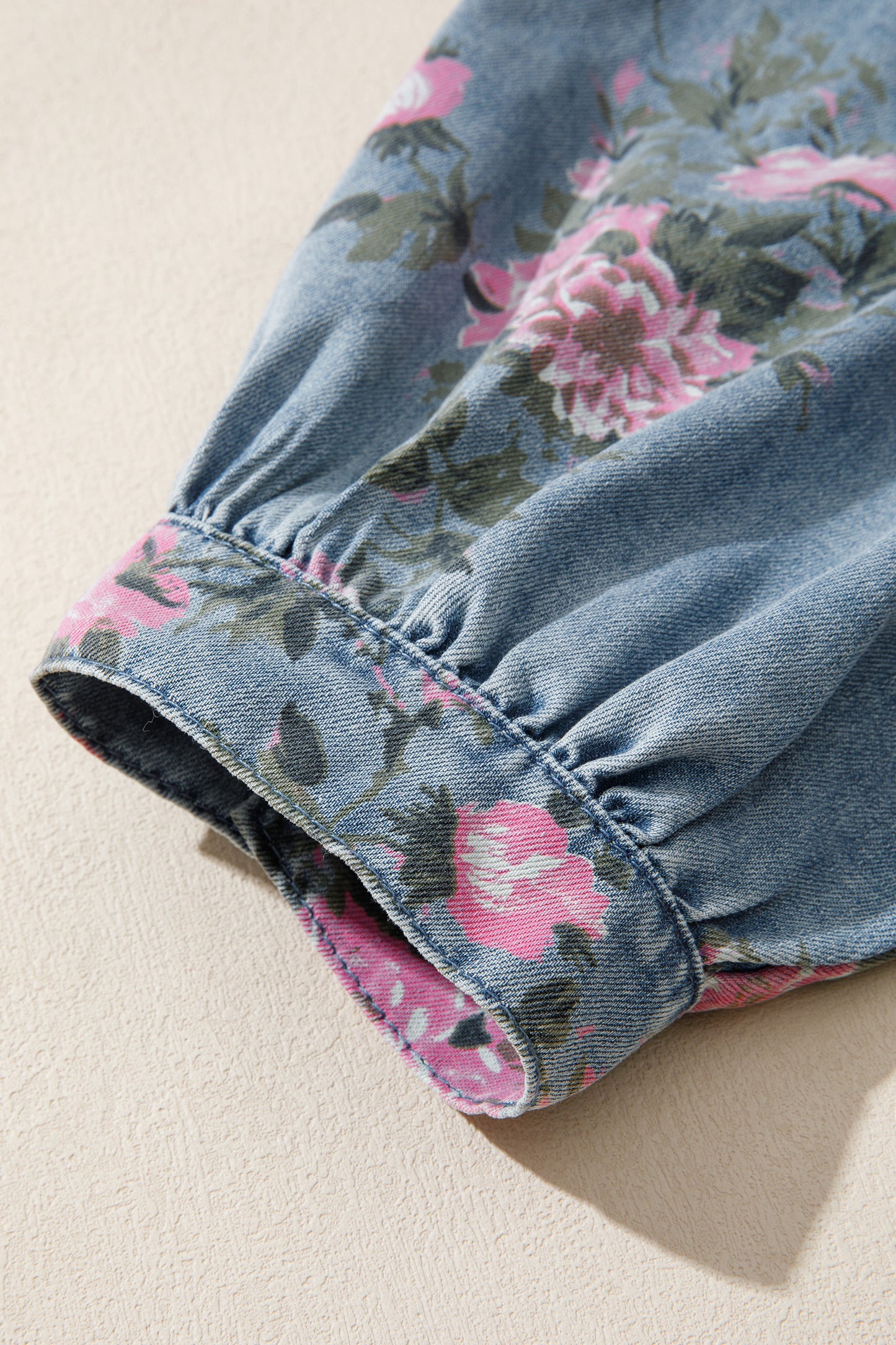 Blue Bracelet Sleeve Floral Denim Shirt
