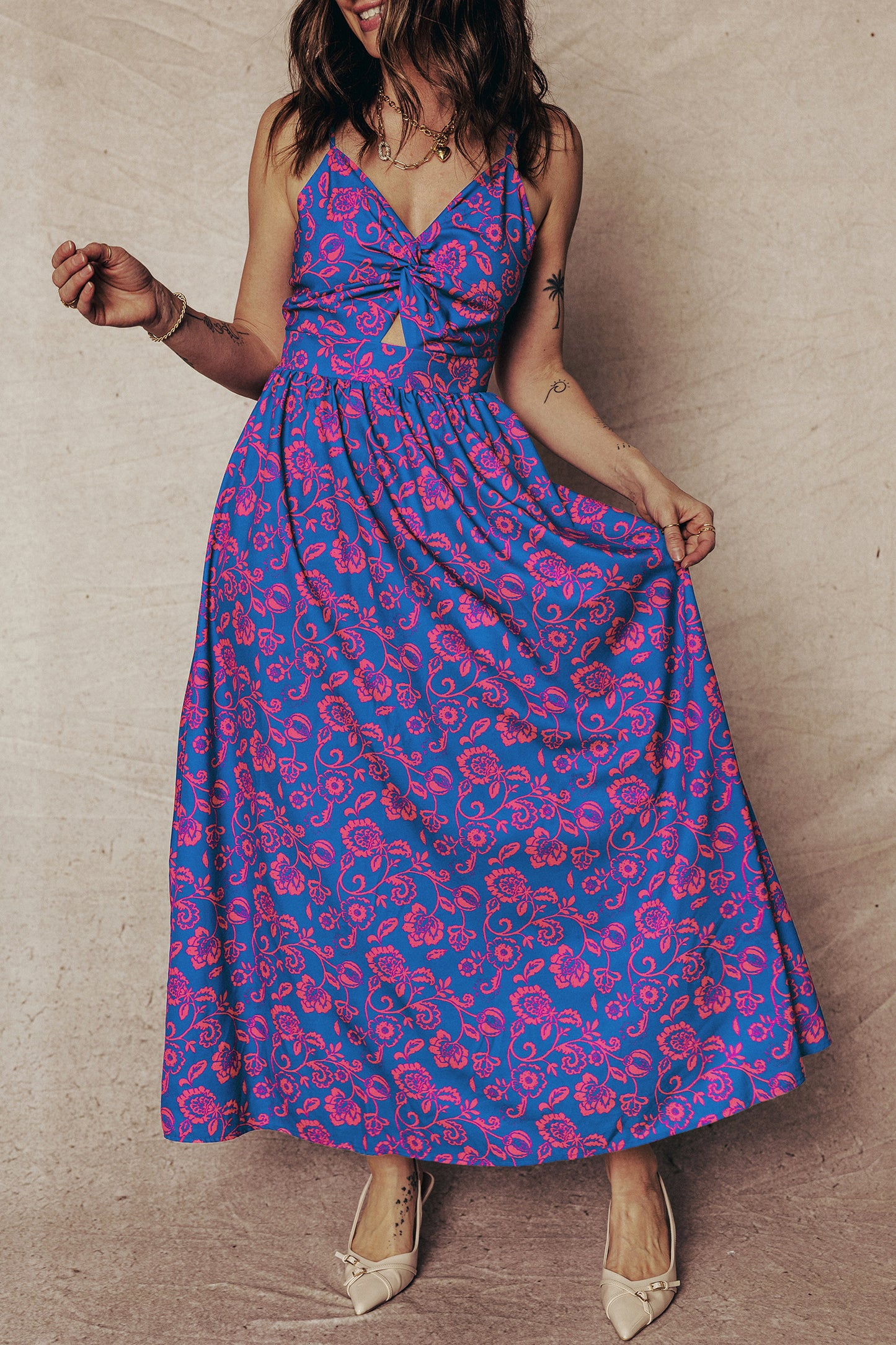 Blue Floral Print Twisted V Neck Tied Backless Maxi Dress