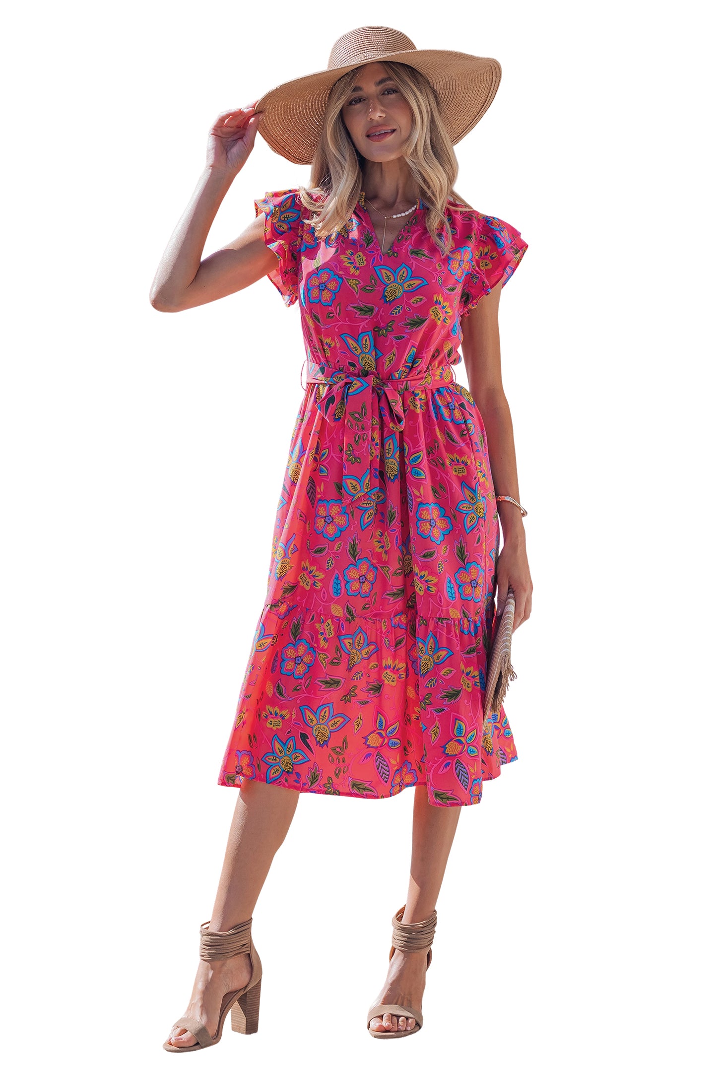 Rose Flutter Sleeve Belted Floral Long Dress