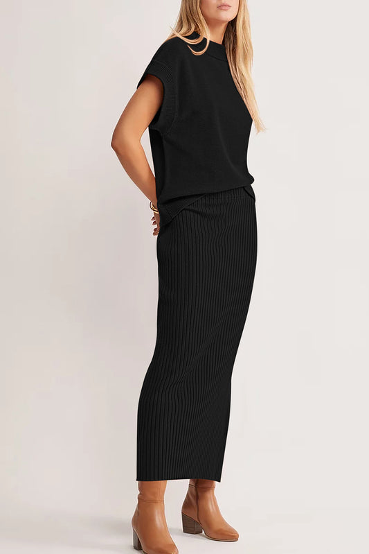 Black Solid Color Knit Dolman Tee Ribbed Split Skirt 2pcs Sweater Set
