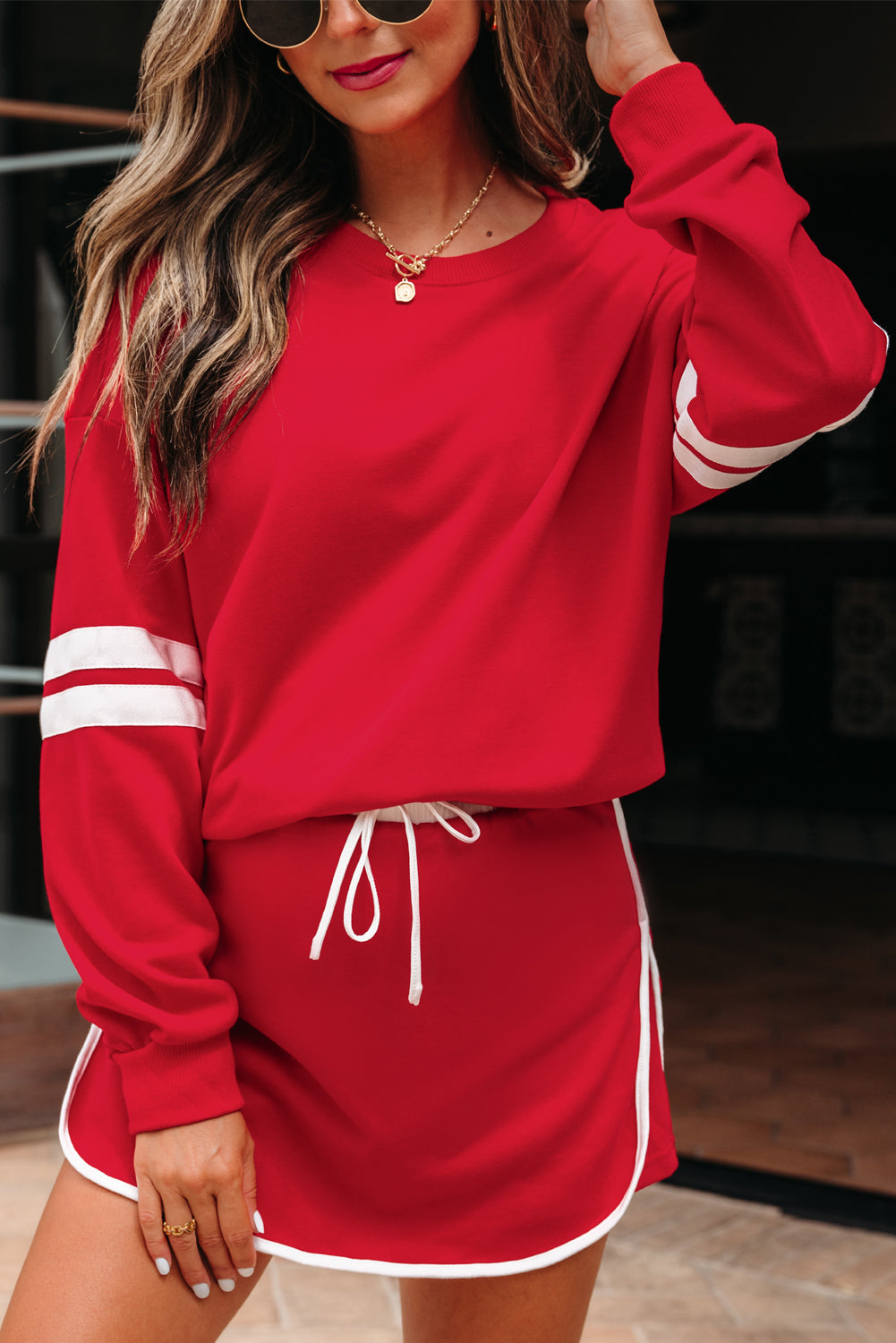 Fiery Red Varsity Stripe Detail Drop Shoulder Pullover Mini Skort Set