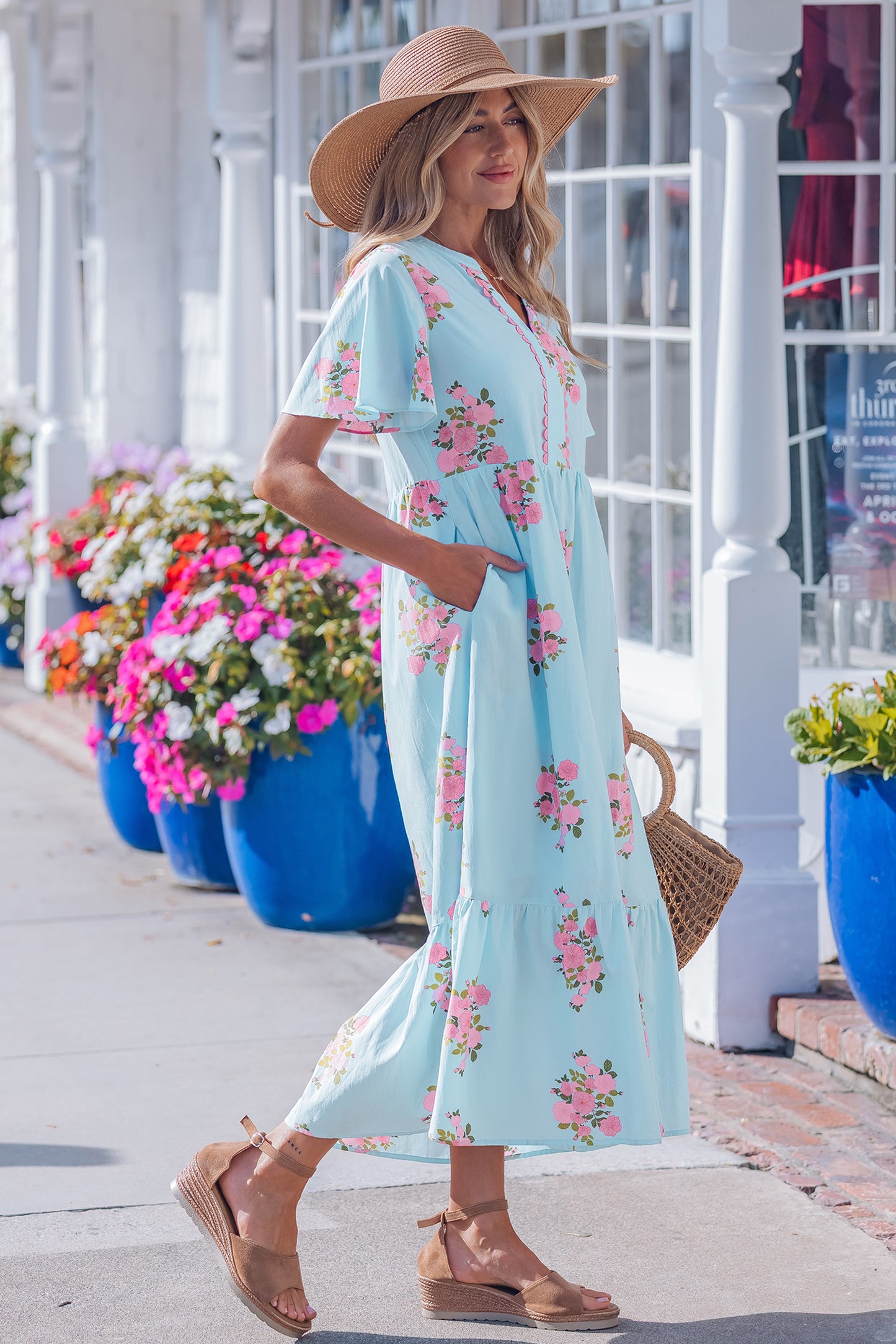 Pink Notched Neck Flutter Short Sleeve Floral Print Maxi Dress