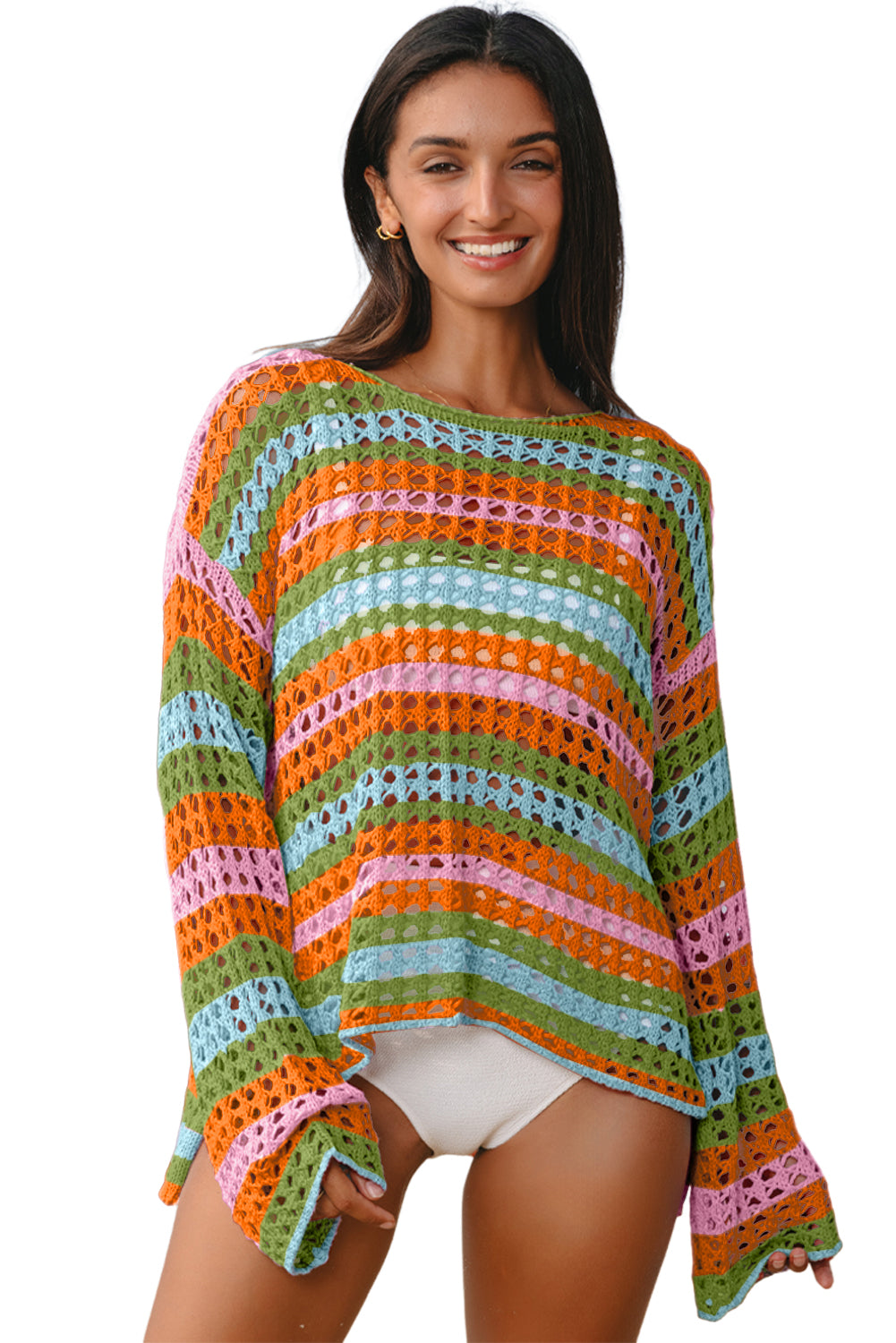 Purple Striped Hollow Knit Summer Beach Cover Up