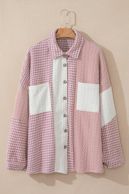 Pink Houndstooth Textured Patchwork Loose Shacket