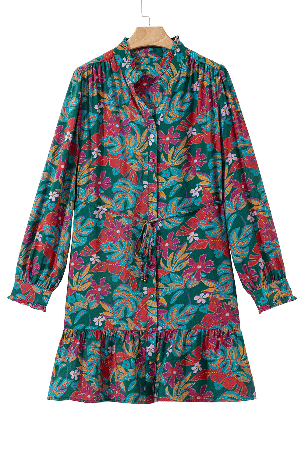 Green Floral Frill V Neck Puff Sleeve Ruffle Mini Dress