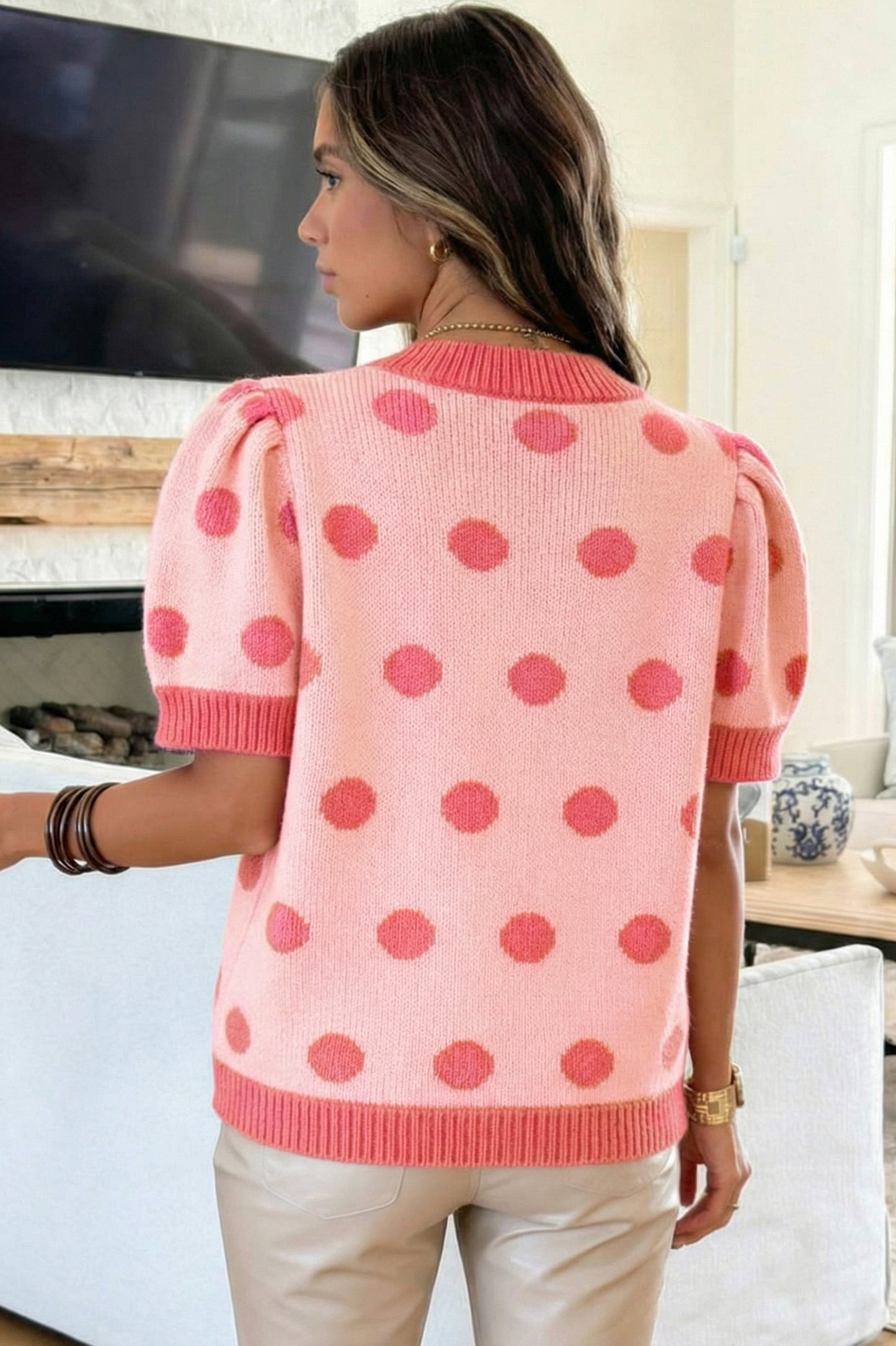 Pink Polka Dot Puff Short Sleeve Sweater Top