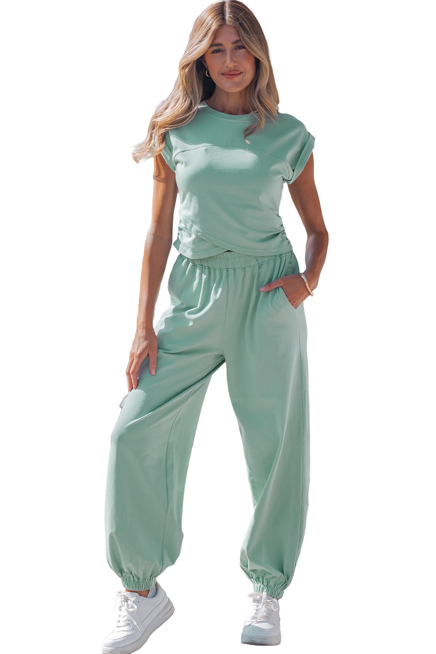 Yellow Cream Solid Color Cropped Tank Top and Jogger Pants Set