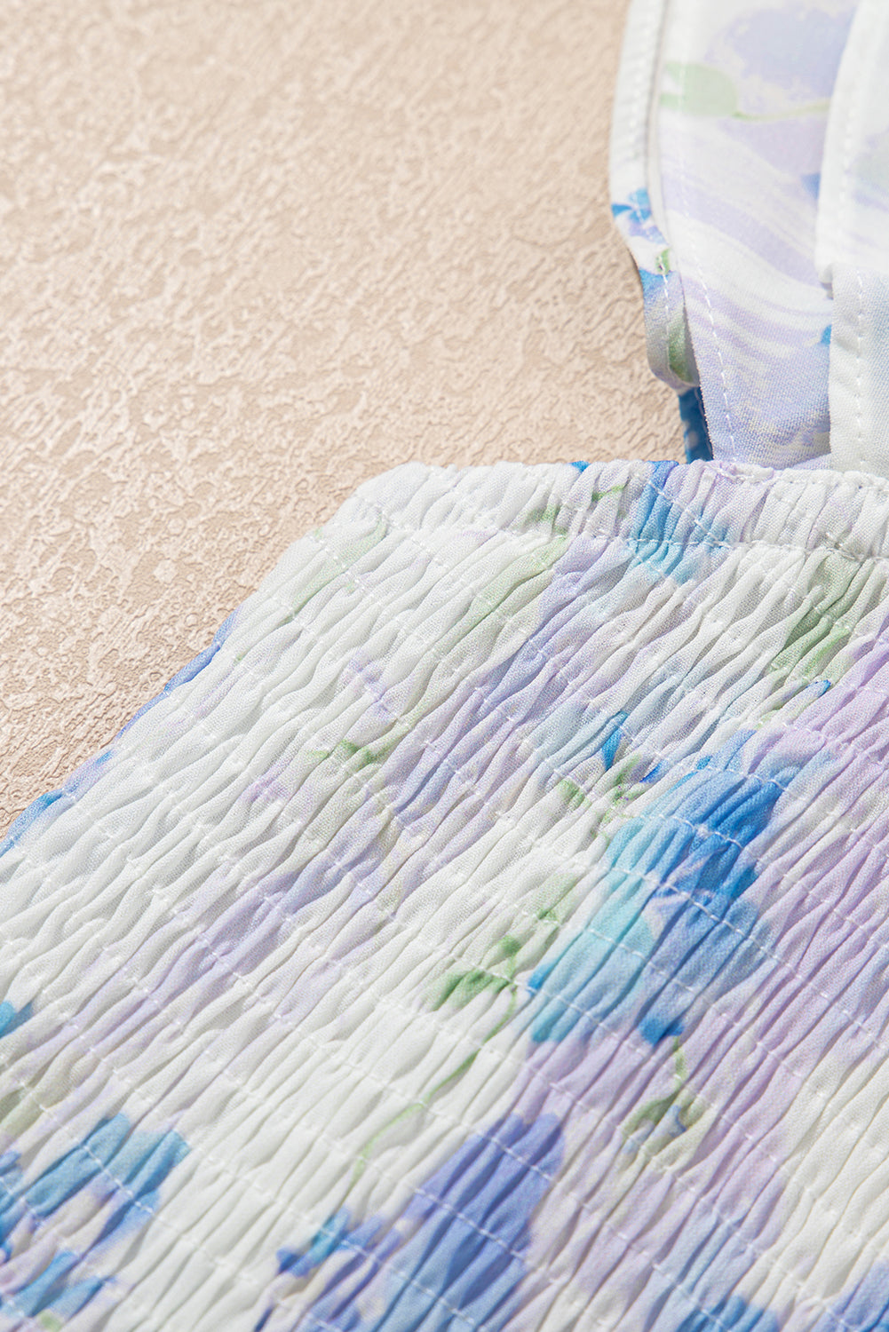 Sky Blue Floral Smocked High Waist Ruffle Sleeveless Long Dress