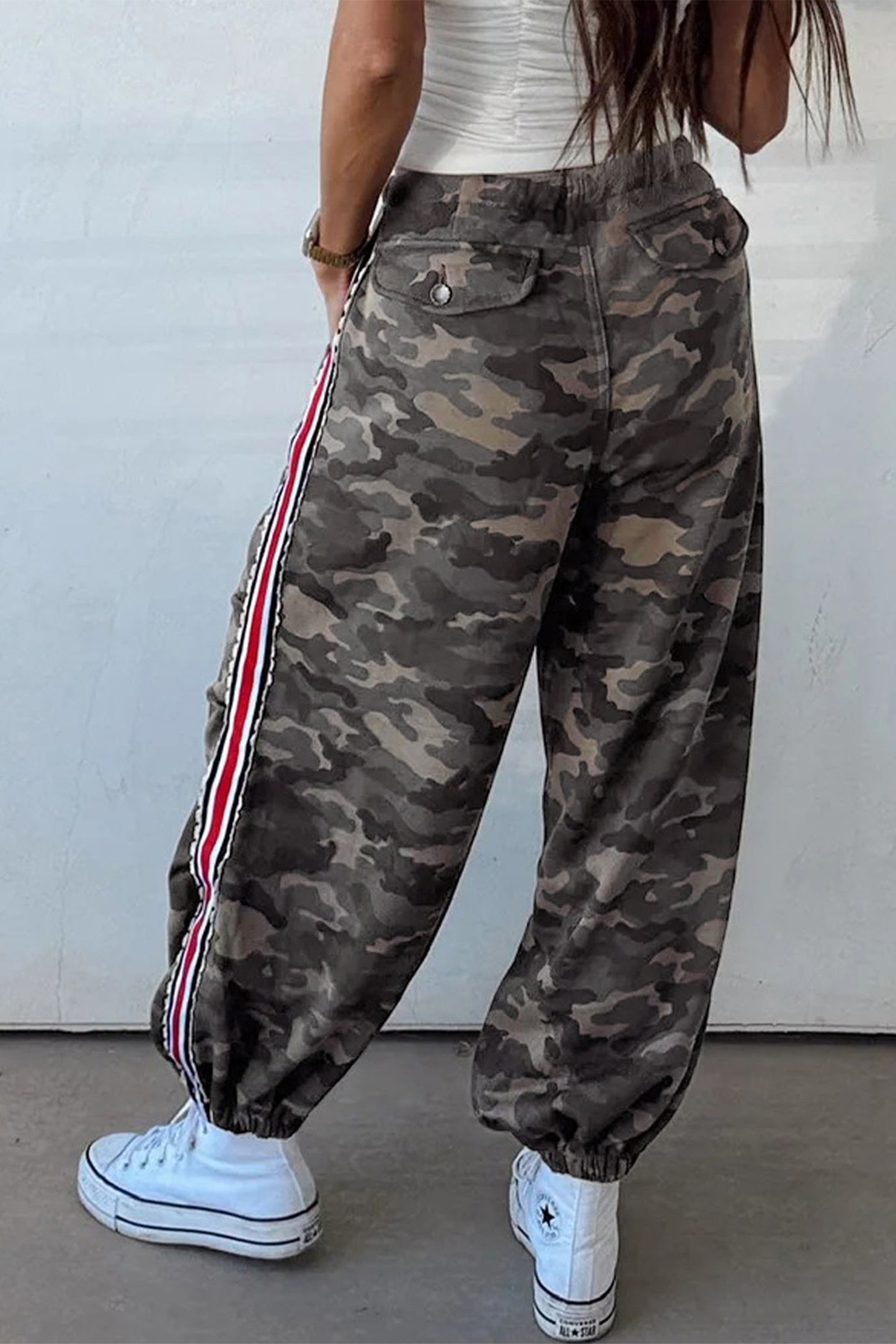 Khaki Camouflage Print Striped Side Panel Patchwork Drawstring Pants