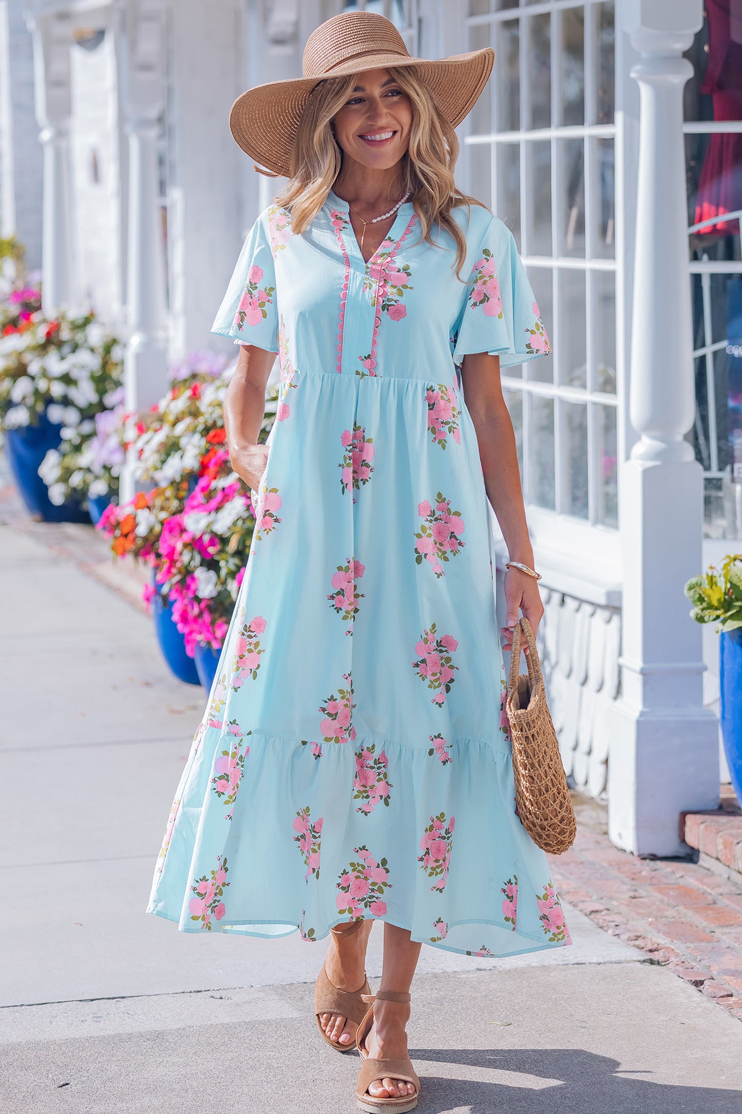 Pink Notched Neck Flutter Short Sleeve Floral Print Maxi Dress