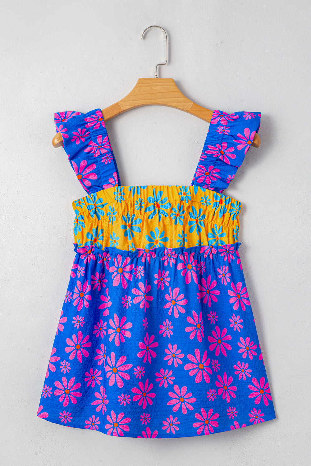 Blue Flower Colorblock Smocked Flutter Straps Flowy Top