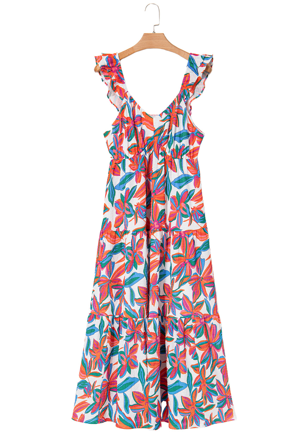 Red Boho Floral Ruffled Strap V Neck Maxi Dress
